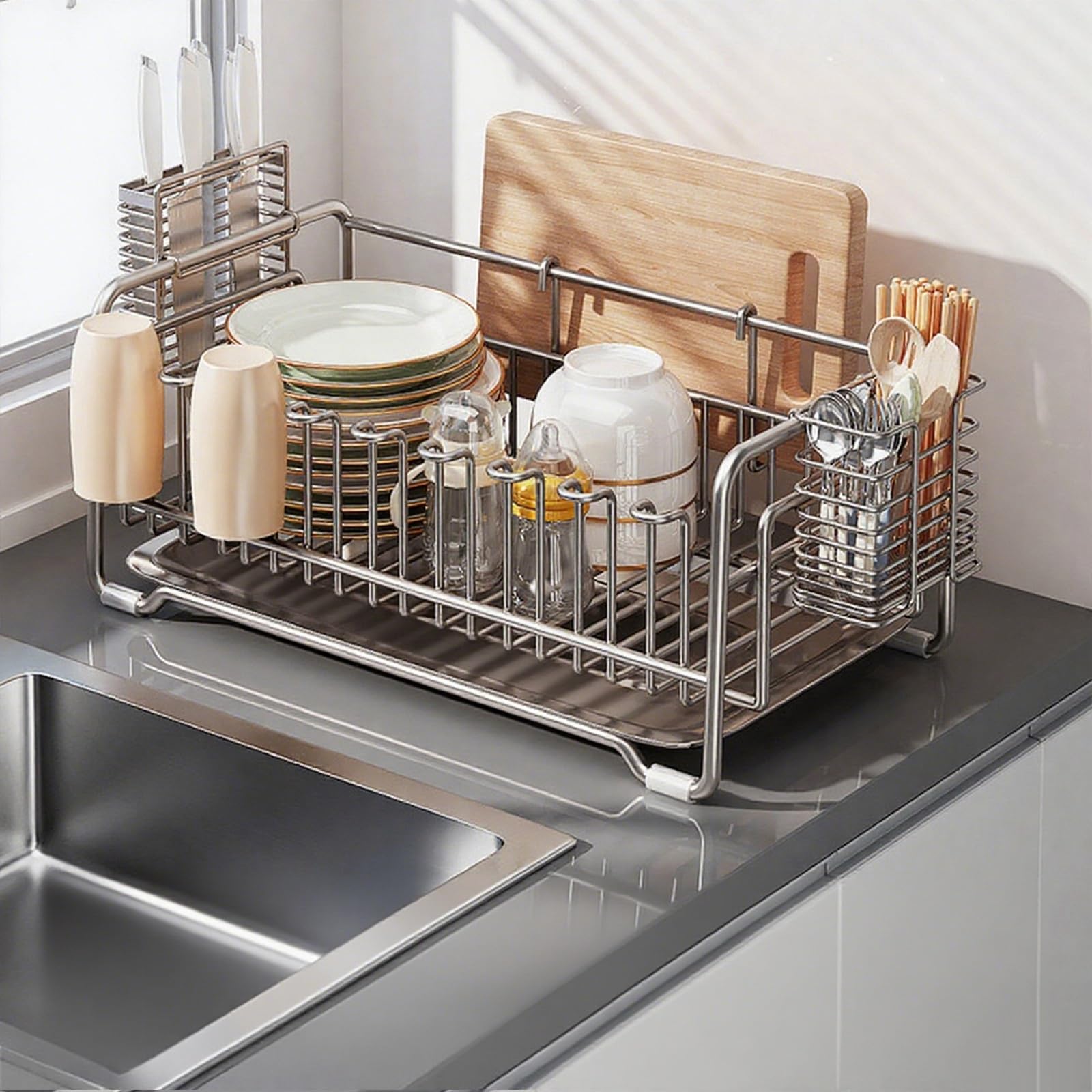 Ausziehbarer Geschirrkorb aus Edelstahl 304 mit Abtropfschale, Gunmetal-Grau, 46 x 19 cm (18 x 7 Zoll) – Platzsparender Küchenorganizer für die Aufbewahrung und das Trocknen auf der Arbeitsf