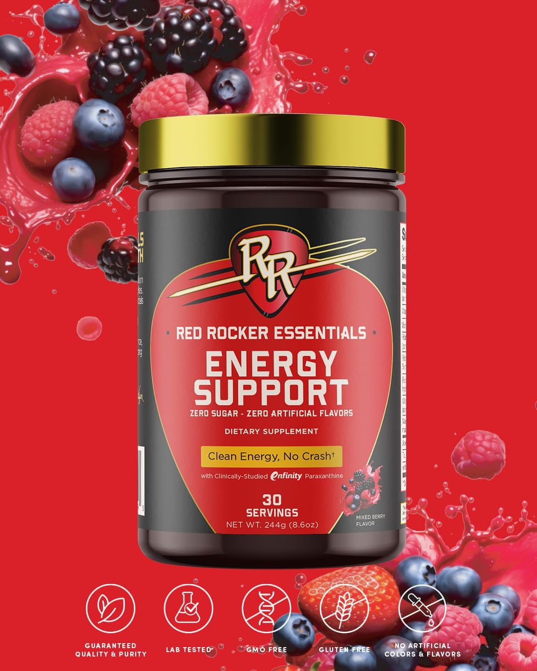 Red Rocker Essentials Energy Support Powder - enFinity® Paraxanthine 200mg with Methylated B12 & B-Complex - Smooth Energy No Crash - Mixed Berry - 30 Servings