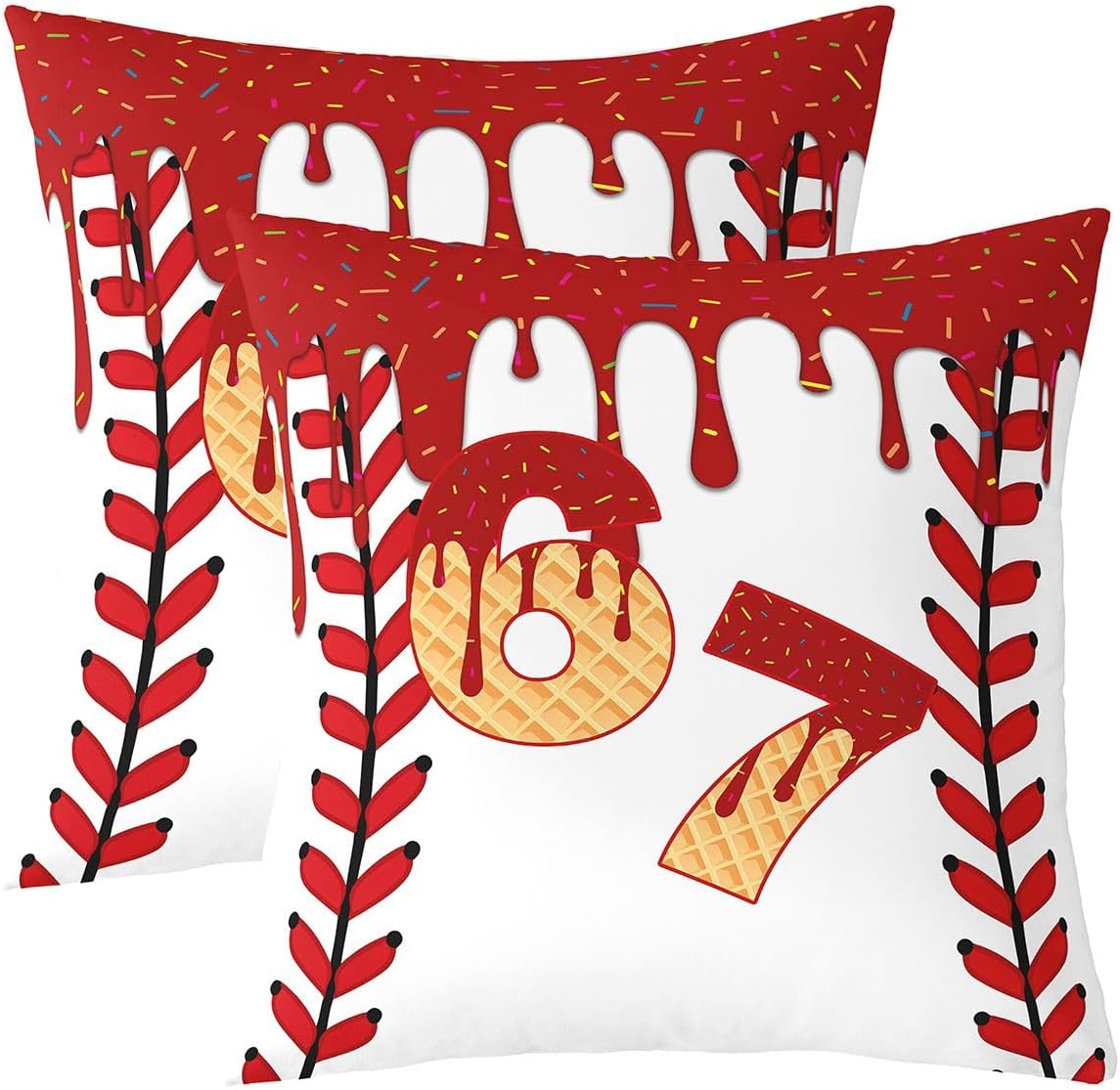 jejeloiu Six Seven 6 7 Throw Pillow Covers 1 Pcs Baseball Gaming Cushion Covers Ball Game Pillow Case for Couch Sofa Sports Game Cushion Case Red White Kids Boys Girls Bedroom Decor 24 x 24-Inch image 2