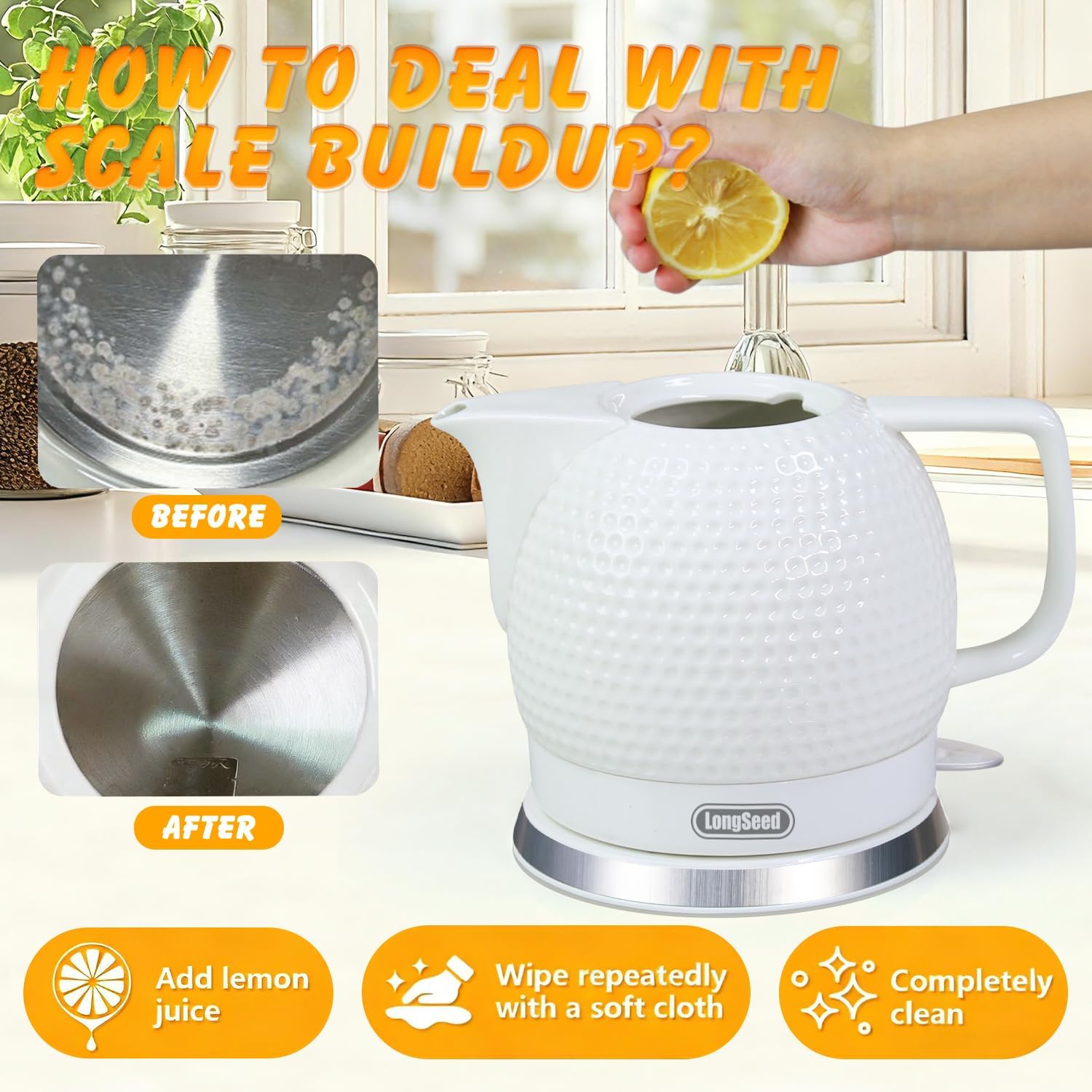 Electric Kettle, 1.2L Ceramic Tea Kettle with embossed design, BPA-Free,1500W Water Boiler with LED Light, Auto Shut-Off and Boil-Dry Protection,Pure white relief sculpture