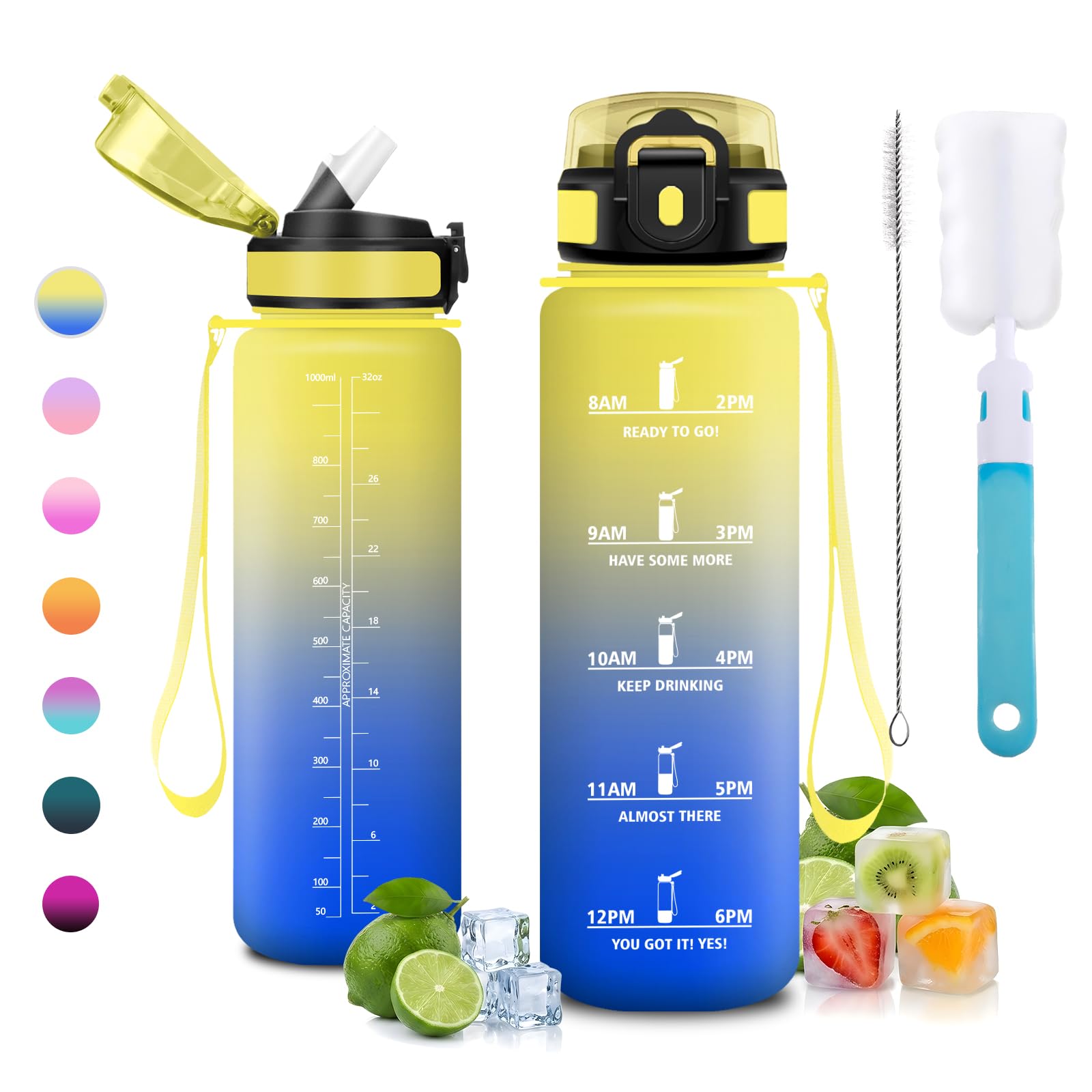 JAPORIA 1L Water Bottle with Straw, Leak Proof, Water Bottle with Time Markers, BPA Free, Water Bottles for Hiking, Outdoor, School
