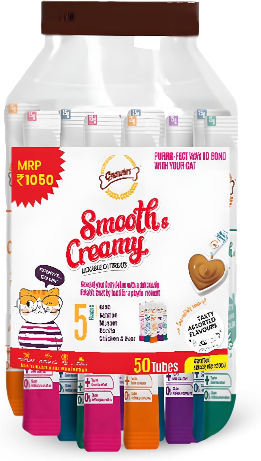 Gnawlers Smooth Creamy Treat for Cats with Tasty Crab, Salmon, Liver, Mussel, Bonito Single Tubes Jar (50 Tubes x 15 G) Sold by DogsNCats,All Life Stages