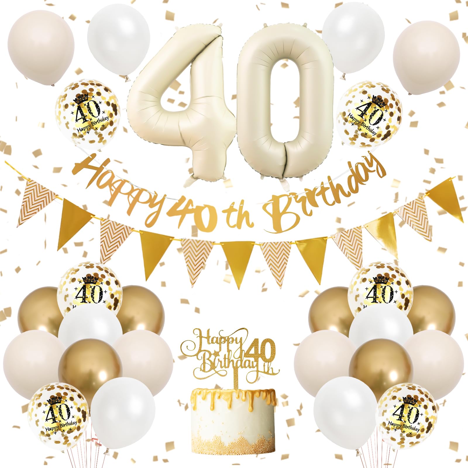 40th Birthday Decorations Sand White Gold,40th Birthday Balloons Beige Gold,Happy 40th Birthday Banner with Cake Toppers Number 40 Balloons for Women