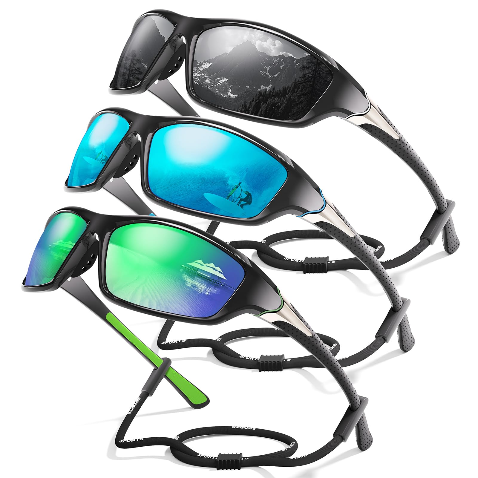 Occhiali da sole sportivi polarizzati per uomo, occhiali da sole da uomo avvolgenti con protezione UV400 per ciclismo, pesca, guida, grigio/blu ghiaccio/verde