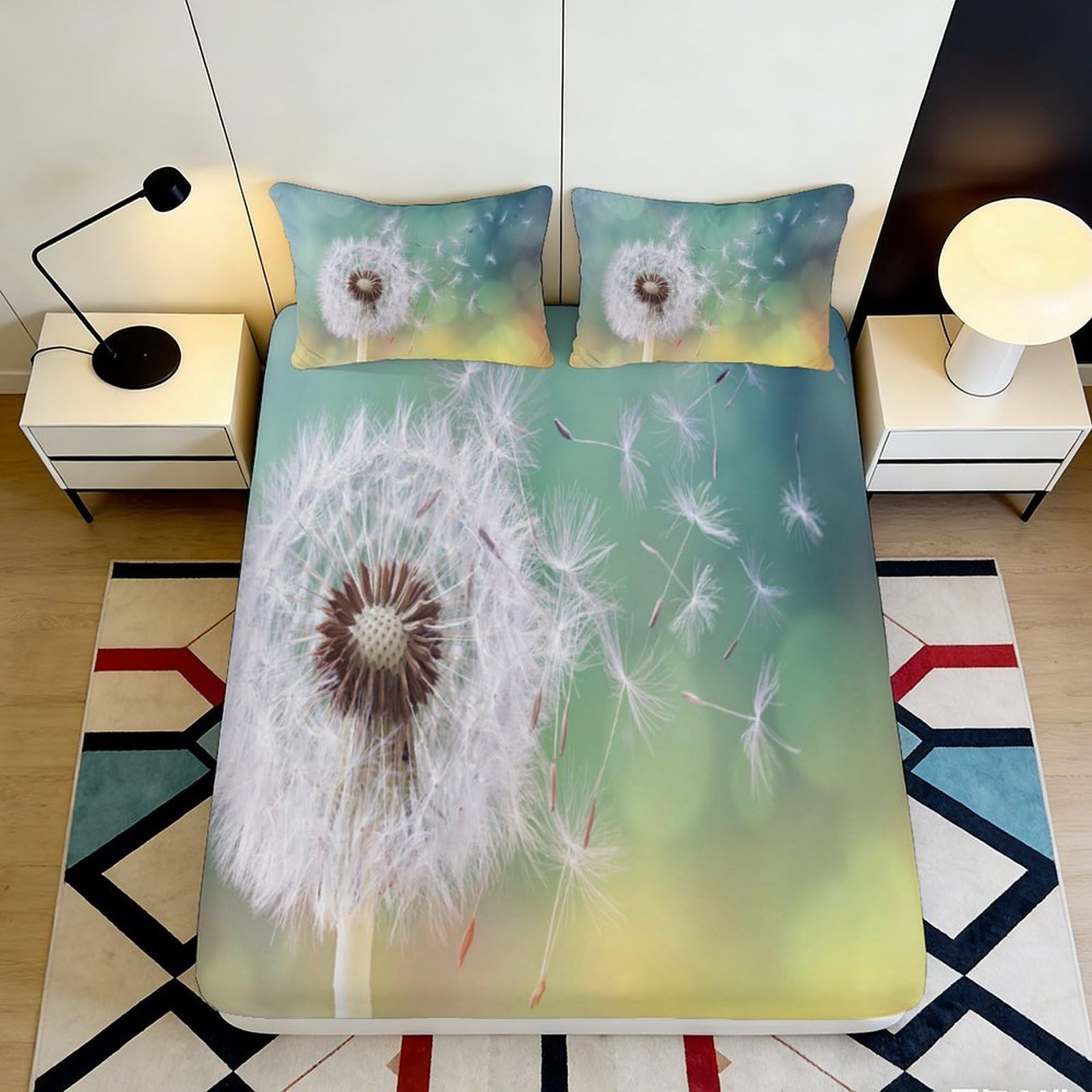 3D Printed Dandelion Meadow Fitted Sheet Microfiber Soft Breathable Seed Breeze Bed Cover for Bedroom Dorm Decor 90x200x25cm
