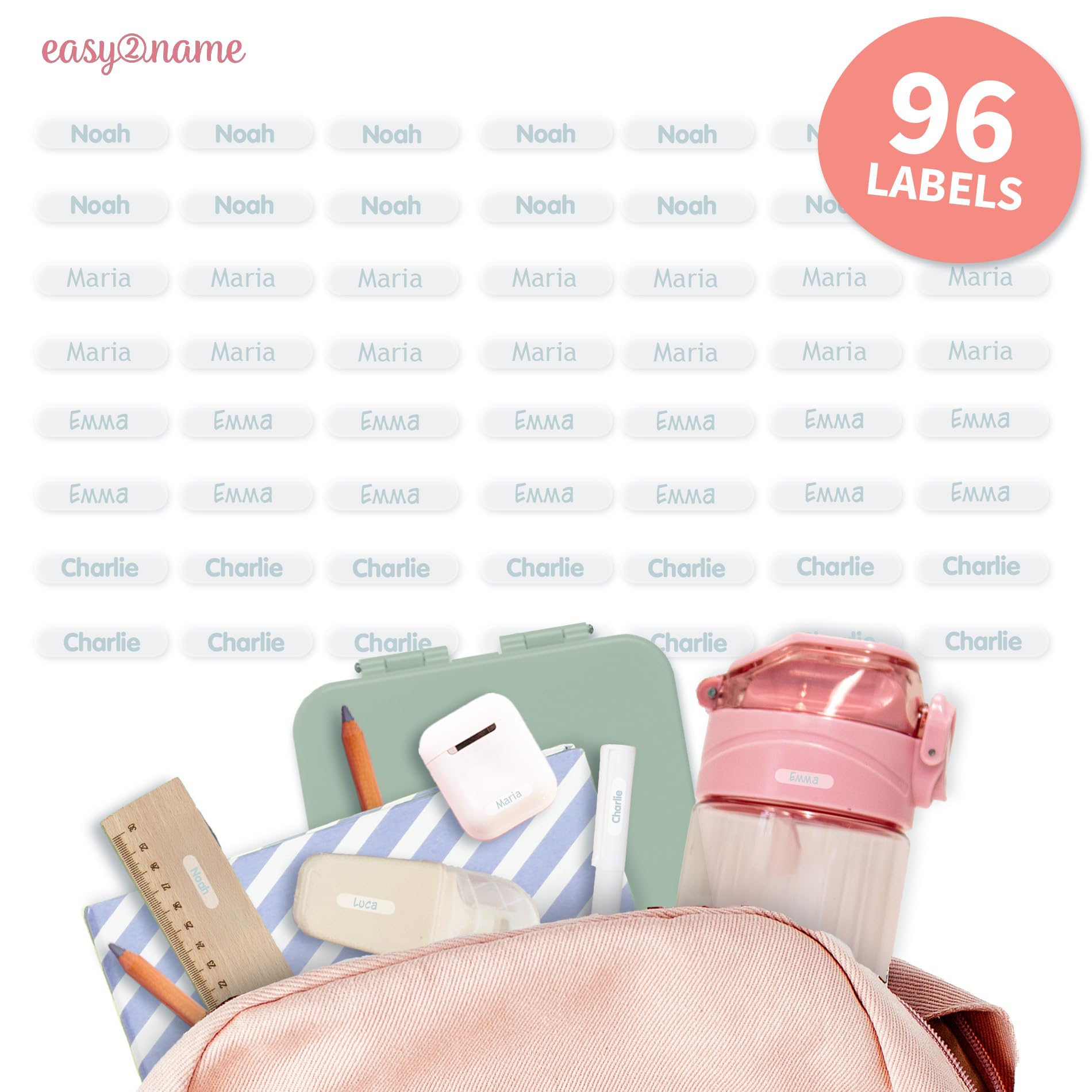 Easy2Name - Personalised mini XS Name Labels - Waterproof Name Stickers for Children and Adults - Ideal as Name Stickers in The Office, Workshop or School -20x4mm - Transparent (Cloud Blue, 96)