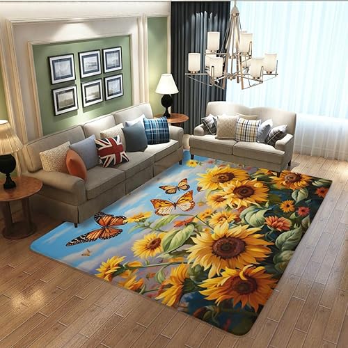 ARRUDA Alfombra de girasol, mariposa en arbusto de girasol, alfombra antideslizante para cocina, dormitorio, sala de estar, decoración de habitación