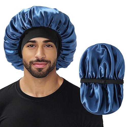 Gorro para hombre, gorro de doble capa para dormir, gorro negro ajustable con banda elástica, gorros de satén de seda para trenzas de cabello rizado