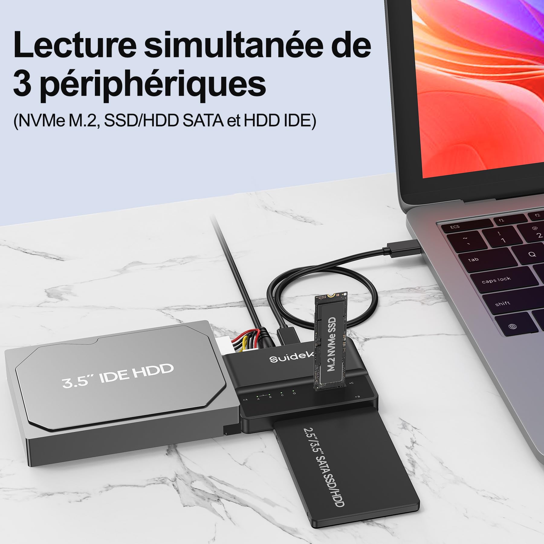 SUIDEK Adaptateur M.2, Lecteur de Disque Dur USB 10 Gbps, Adaptateur PCIe NVMe, SATA et IDE, Prend en Charge (clé M et clé M+B) Les SSD M.2 de Toutes Tailles, SSD/HDD SATA et HDD IDE de 3,5"