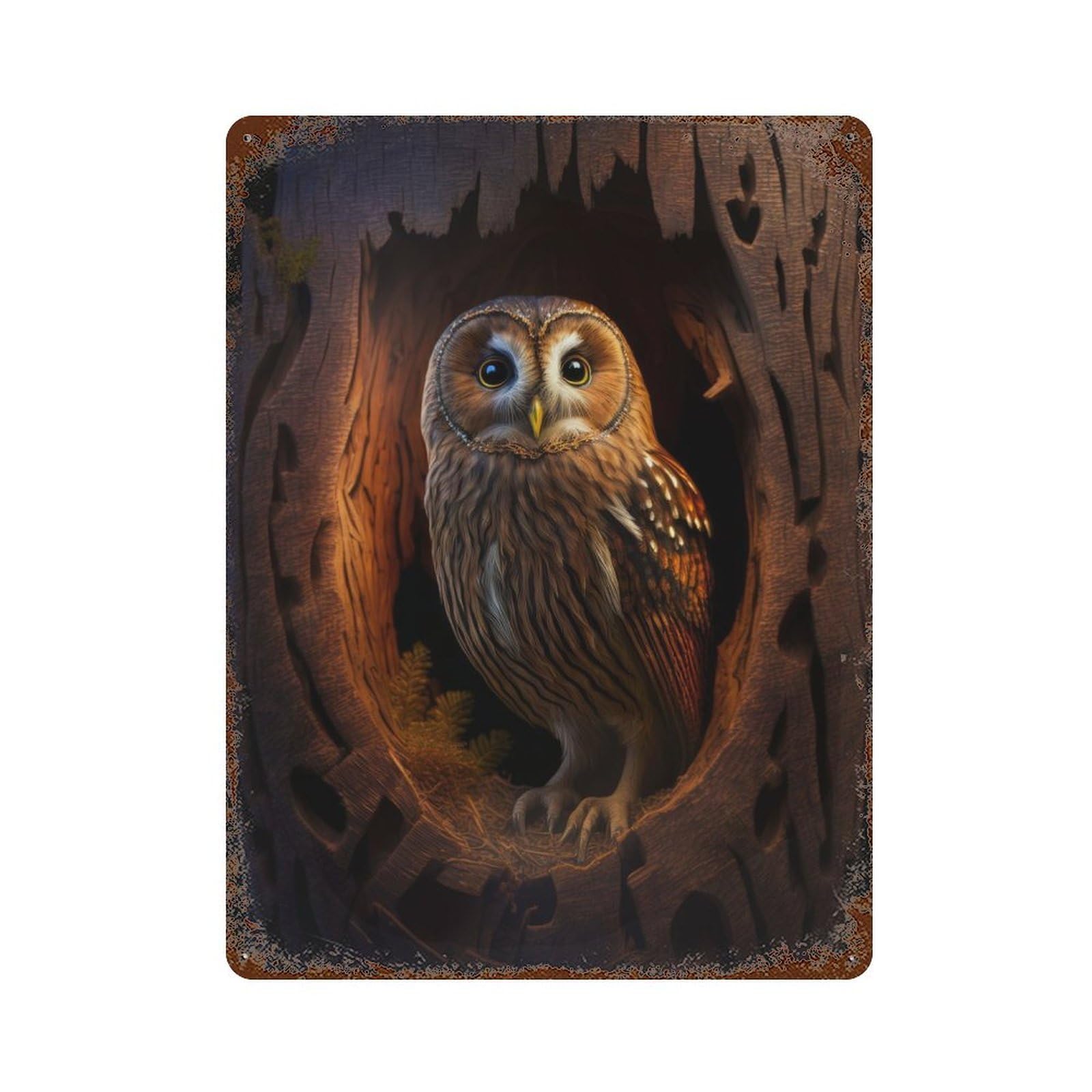 Tree Trunk Owl Retro Metal Sign 15.7"x11.8", for Pub, Kitchen And Man Cave Decor, Industrial Home Decor