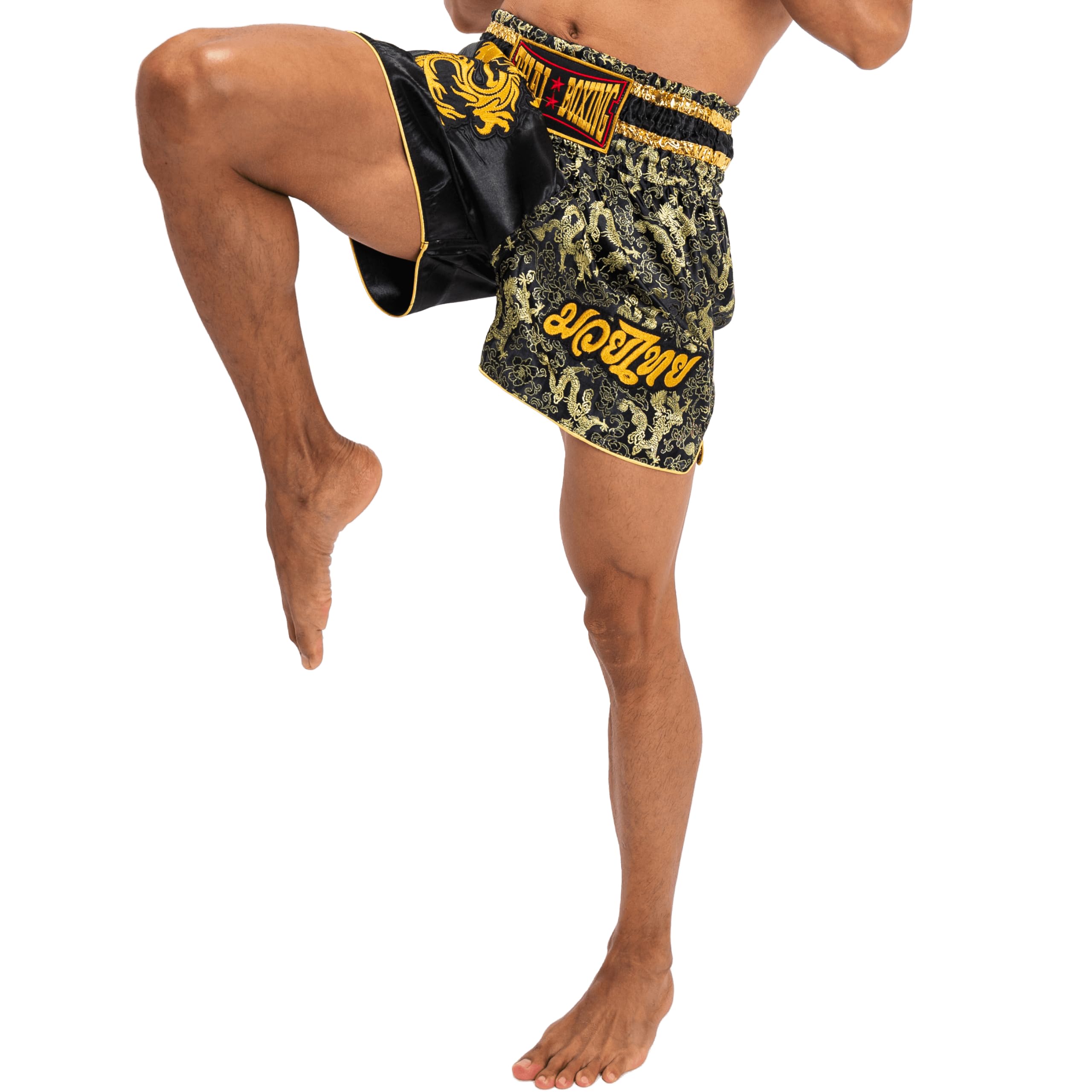 Pantalones Cortos de Muay Thai para Hombres y Mujeres, Corte Ajustado, Shorts de Boxeo MMA para Entrenamiento, Ropa de Kickboxing (FR/ES, Letras, L, Regular, Regular, Dragón Negro)