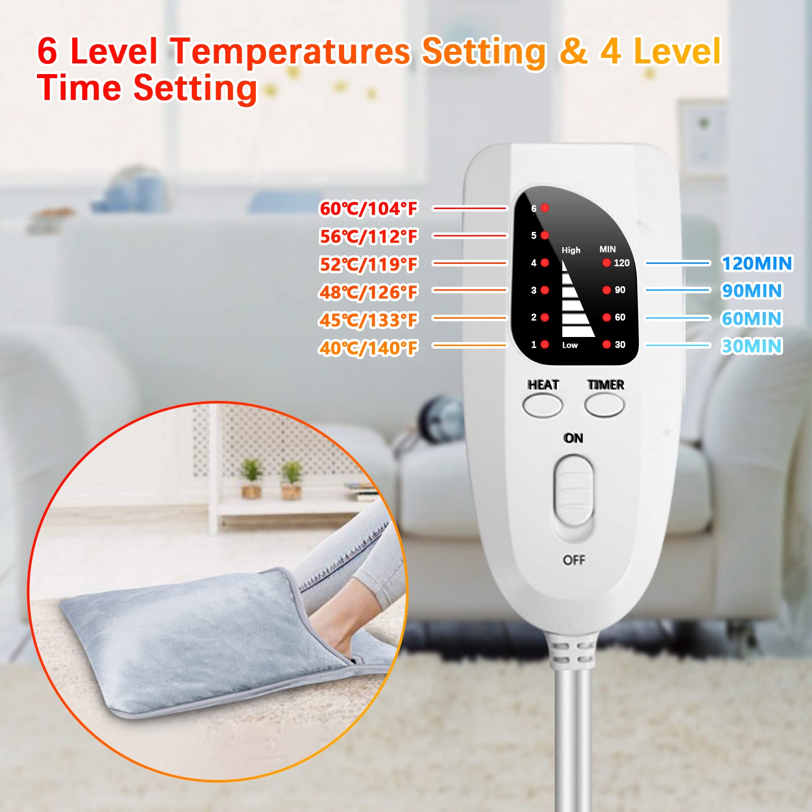 Qoosea Scaldapiedi Elettrico Scaldapiedi Elettrico a Doppio Strato Tappetino Riscaldante Rapido con 6 Livelli di Calore 4 Timer Spegnimento Automatico Cuscino Riscaldato Lavabile per Donne Uomini