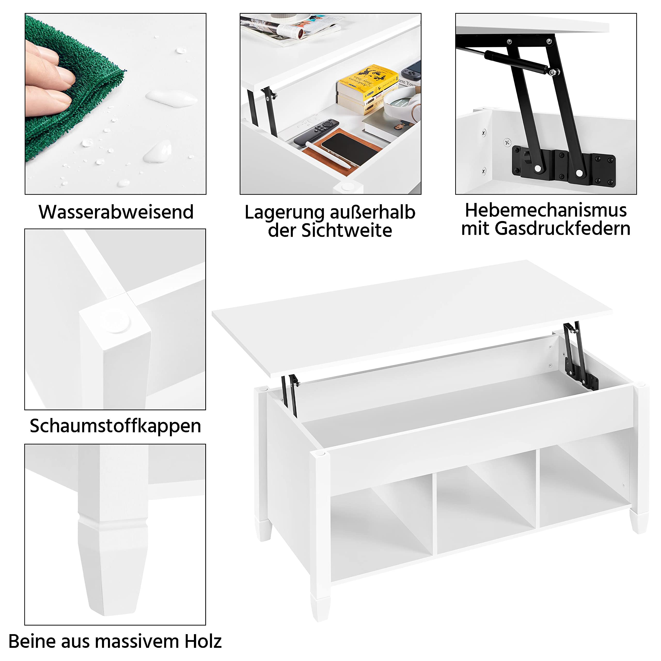 Yaheetech Couchtisch höhenverstellbar Kaffeetisch mit Hebeplatte Hubtisch versteckter Stauraum Beistelltisch aus Holz Sofatisch für Wohnzimmer Weiß