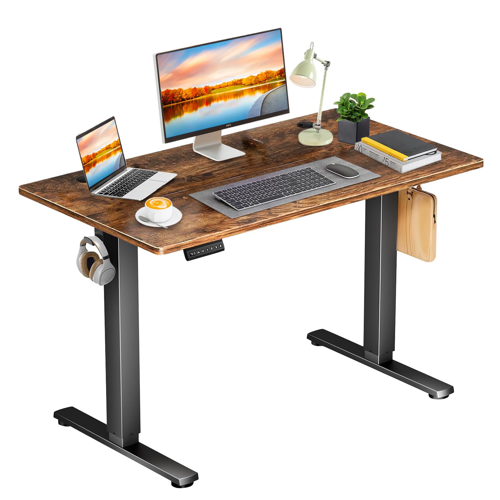 DUMOS Electric Standing Desk 39.4 x 23.6 Inch, Height Adjustable Sit Stand Desk with LED Display, Memory Presets, Hooks & Cable Holes, Ergonomic