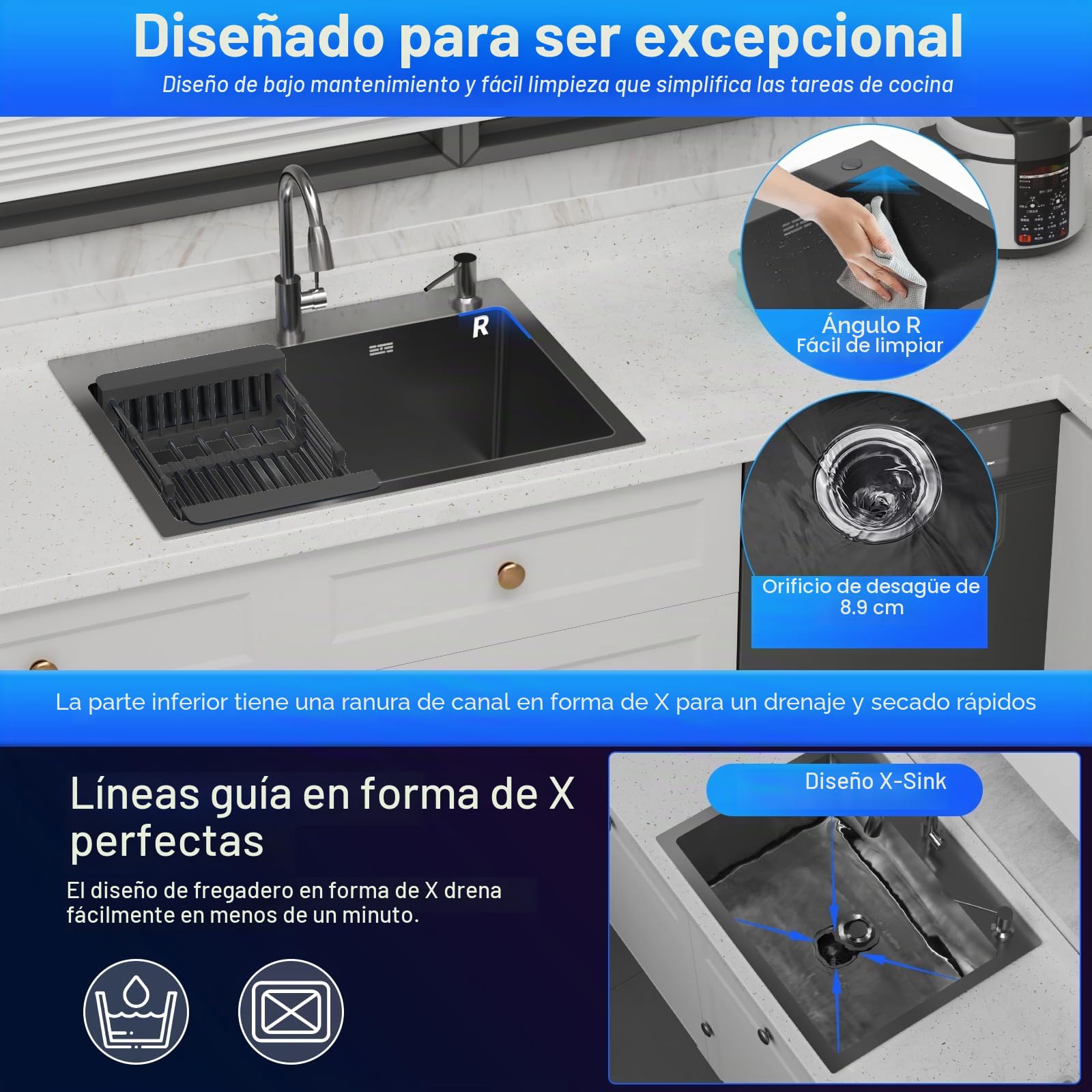 Fregadero Cocina 55 x 45cm,Fregadero Cocina en Acero Inoxidable,Fregadero Bajo Encimera o Sobre Encimera con Filtro de Drenaje,Sifón e Juego de Desagüe