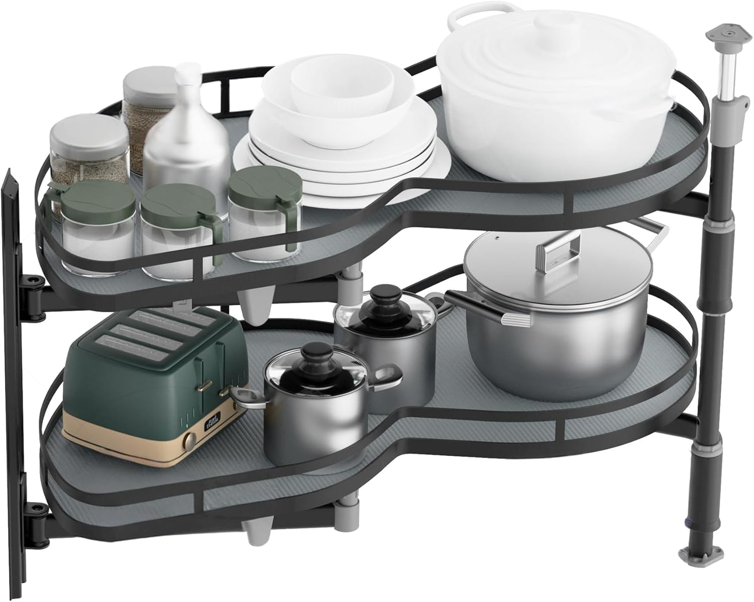 Blind Corner Cabinet Pull Out Organizer Swing Left Lazy Susan for Corner Cabinet 32in, 2-Tier Shelf Kitchen Cupboard Magic Corner Pull Out with Soft Close, Adjustable Height, Metal Black