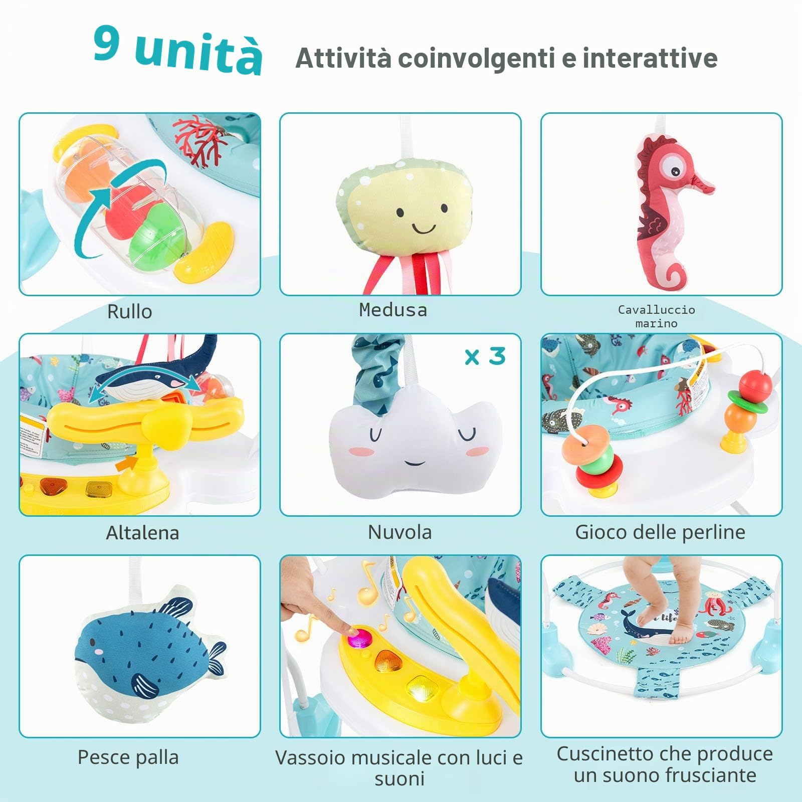 LIFEZEAL Girello per Bambini 6-18 Mesi, con Sedile Girevole a 360°, 9 Giochi Montessori, Luci e Melodie, Girello Neonato, con Altezza Regolabile, Centri di attività Fissi, Jumperoo per Bimbi (Blu)
