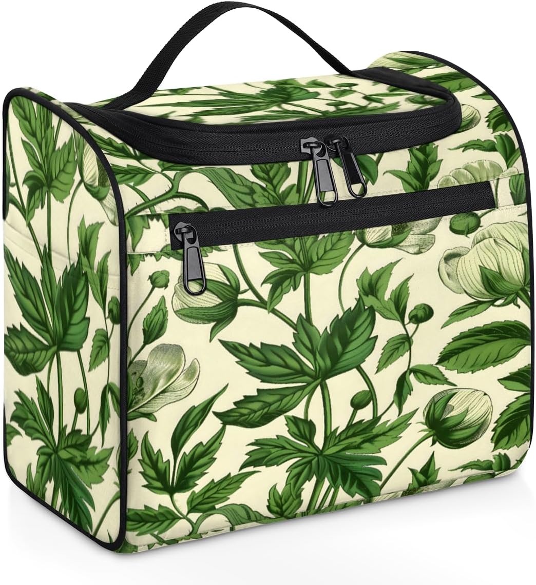 Green Leaves Large Hanging Travel Toiletry Bag for Women Water Resistant Aesthetic Plant Bathroom Cosmetic Makeup Bag with Hanging Hook for Toiletries