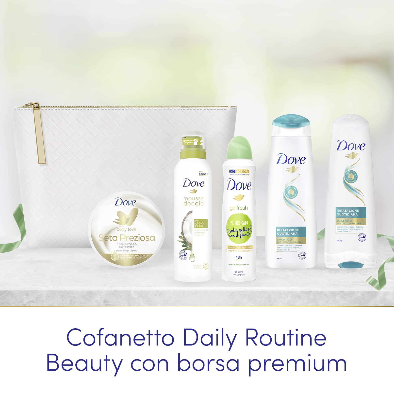Dove, Cofanetto Daily Routine, Contiene Shampoo e Balsamo Idratazione Quotidiana, Mousse Doccia all'Olio di Cocco, Crema Corpo Seta Preziosa, Antitraspirante Cetriolo e Tè Verde, Idea Regalo Donna