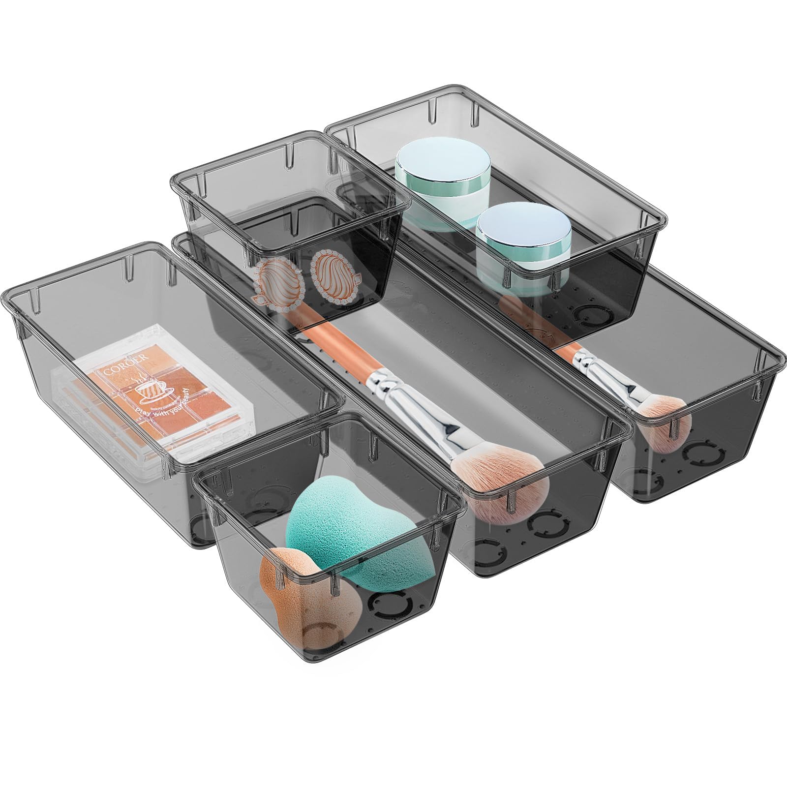 WOWBOX Juego de 6 organizadores de cajones transparentes, bandejas de almacenamiento de cajones de acrílico, contenedores de almacenamiento para maquillaje, cosméticos, joyas, utensilios,