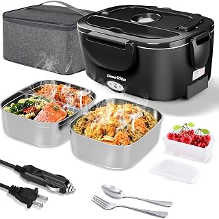 Electric Lunch Box for Adults, 80W Heated Lunch Box, 1.5L Stainless Steel Container | 12V/24V (Car/Truck) & 110V (Office/Home) | with Fork&Spoon and Insulated Carry Bag (Black-Dual Container)
