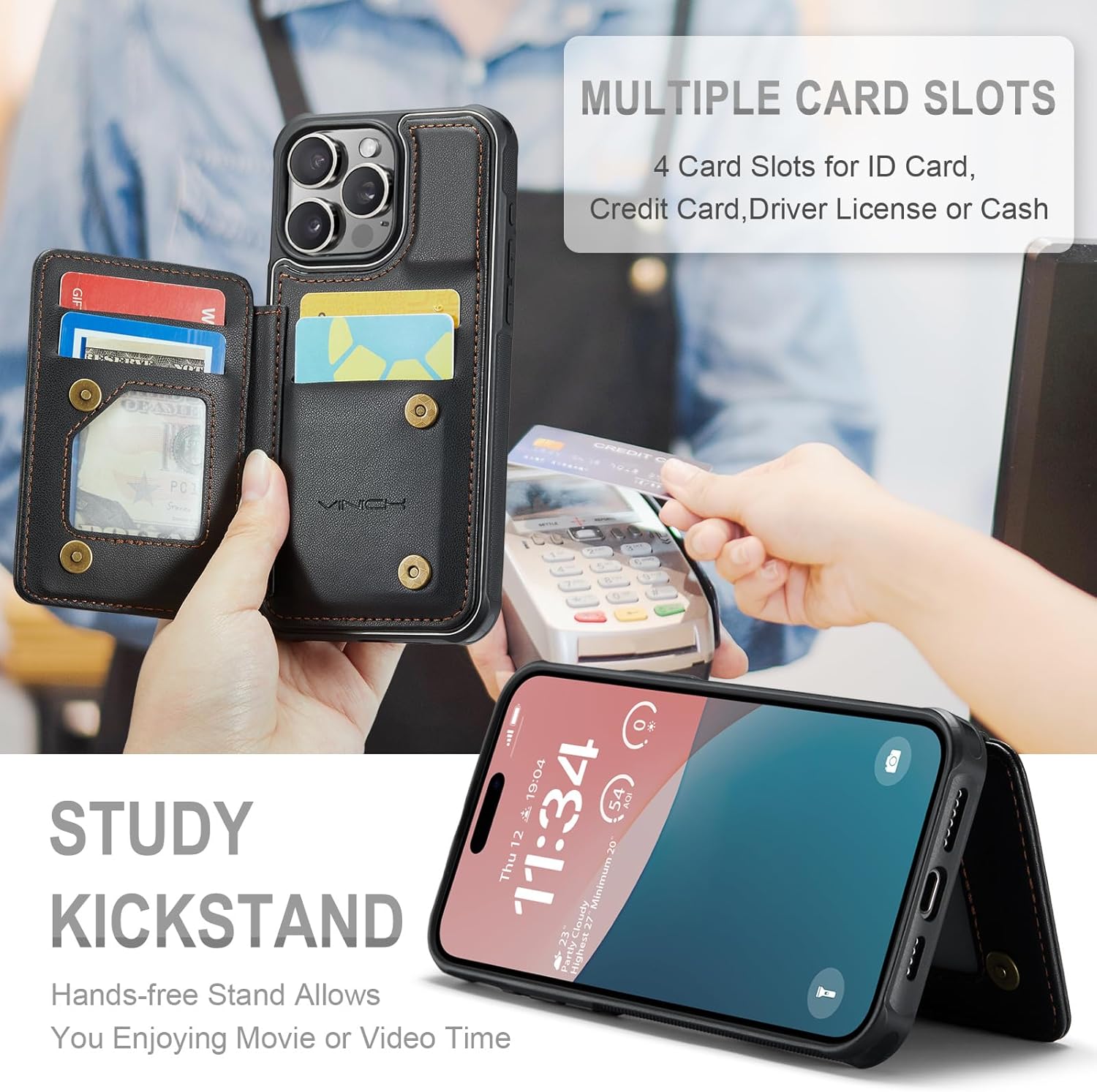 Vinich for iPhone 16 Pro Wallet Case with Card Holder, RFID Blocking Credit Slots Kickstand Shockproof Phone Cover Fit for iPhone 16 Pro 6.3" Black - Image 4