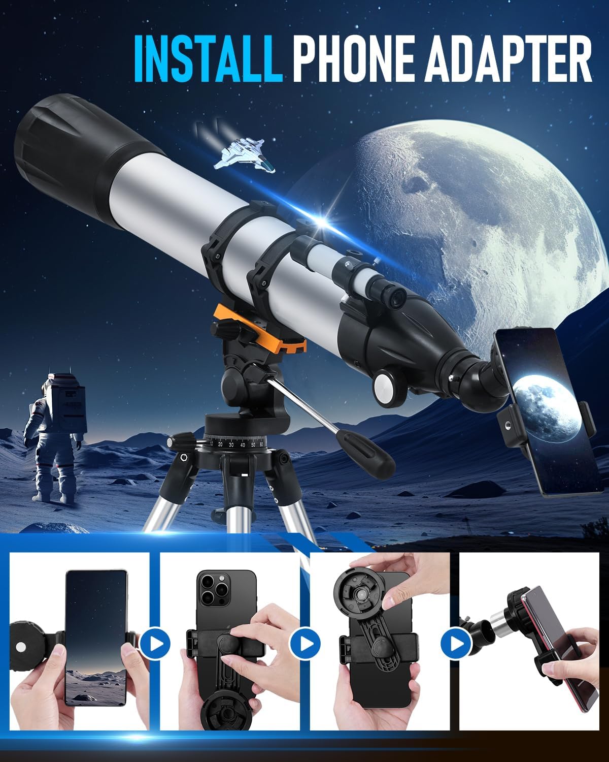 Telescope,90mm Aperture 900mm Professional Refractor Telescope,Magnification 450X High Powered Telescope,Telescopes for Adults & Kids with Remote Control,Tripod,Phone Adapter,Carrying Bag - Image 5