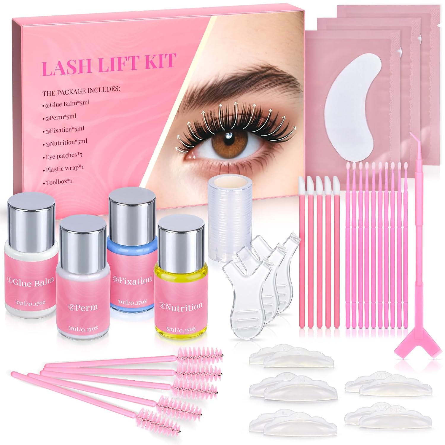 Lash Lift Kit, Eyelash Perm Kit with Glue Balm, Perm, Fixation, Nutrition, Silicone Pads, Y-Shaped Applicator, Professional Home Eyelash Lifting Set for Natural Long-Lasting Curl