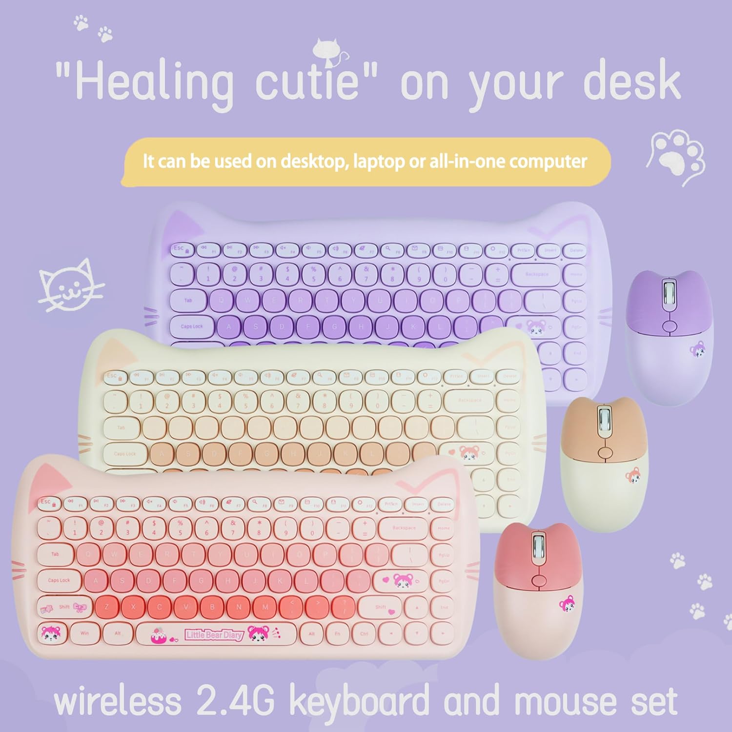 Cute Cat 2.4G USB Wireless Keyboard and Mouse Combo, Typewriter Flexible Keys, Candy Colors, Compatible with Notebook, PC (Purple -A)