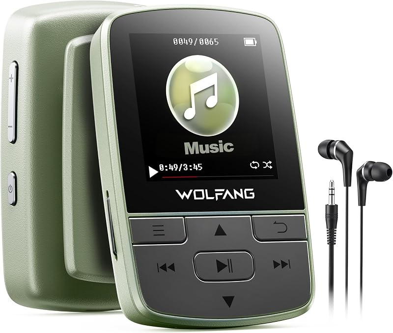 WOLFANG MP3 prehrávač Bluetooth 5.2 so športovým klipom, mini veľkosť 28,3 g, HiFi, FM rádio, diktafón, slúchadlá v balení, vojenská zelená