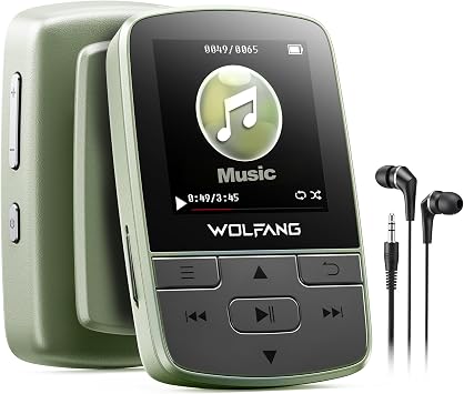 WOLFANG MP3 Player with Bluetooth 5.2, Sports Clip, Mini Size, 28g Lightweight, HiFi Lossless Sound, FM Radio, Voice Recorder, Wired Earphones Included Military Green