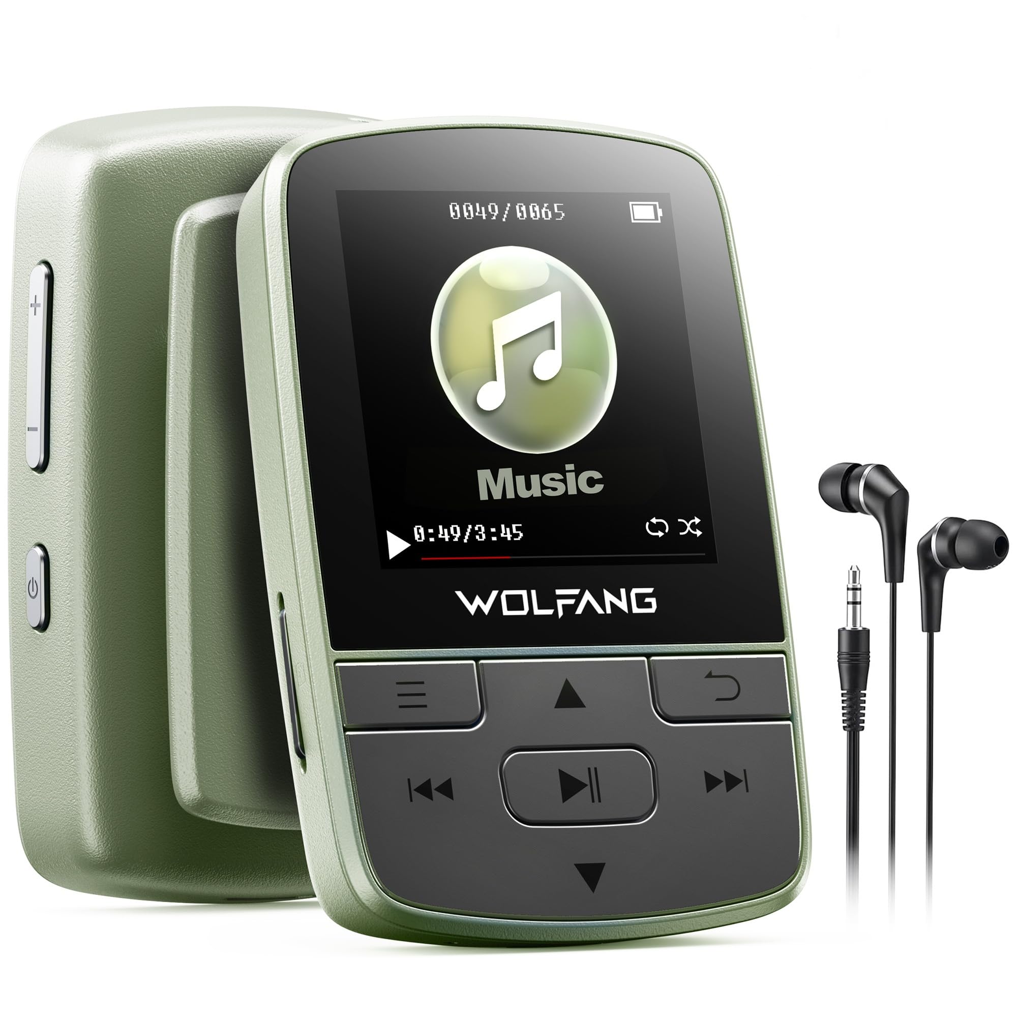 WOLFANG Lecteurs MP3 avec Bluetooth 5.2, Clip Sport, Taille Mini, Poids 28,3 g, Radio FM HiF, enregistreur Vocal, Jusqu'à 128 Go, sans Carte mémoire, écouteurs Inclus, Vert Kaki