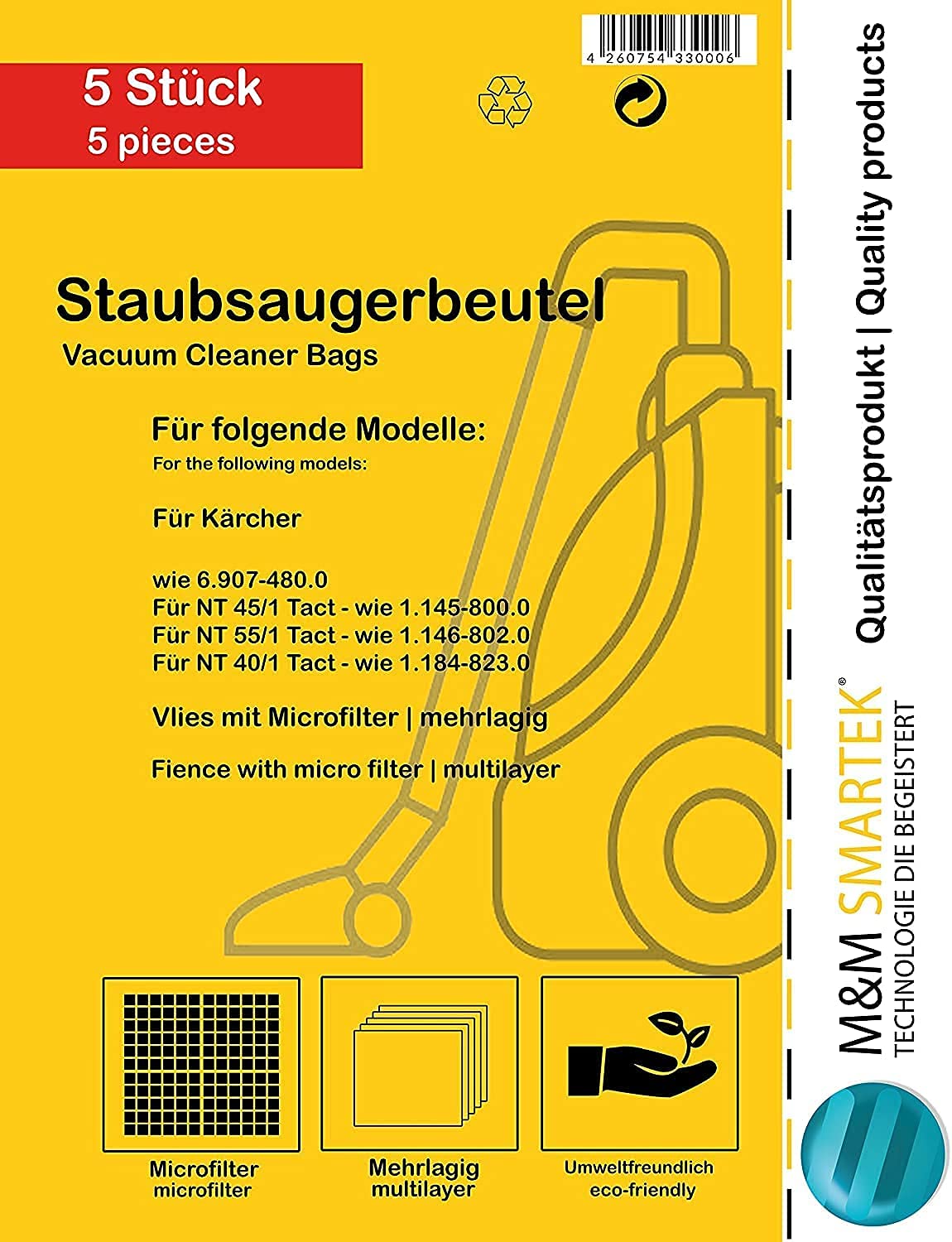 10 Vlies-Staubsaugerbeutel für Kärcher NT 40/1 Ref. 6.907-480.0 | Für Kärcher NT 40/1, Vliesmaterial, für Staubsauger, Referenz-Nr. 6.907-480.0