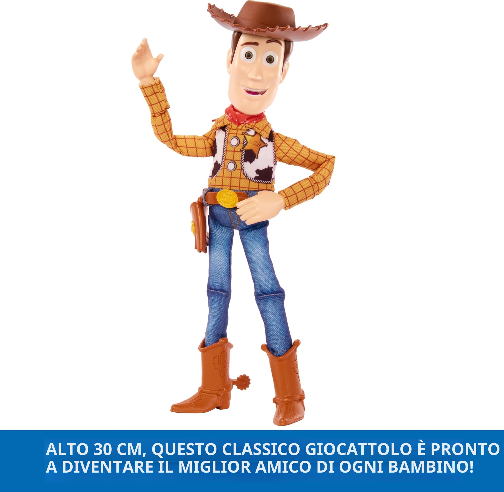 Mattel Disney Pixar Toy Story Woody Sceriffo del West snodato, parlante e in formato maxi (30,4 cm), 20 frasi, fedele nei minimi dettagli, peluche e plastica, dai 3 anni in su, HFY35