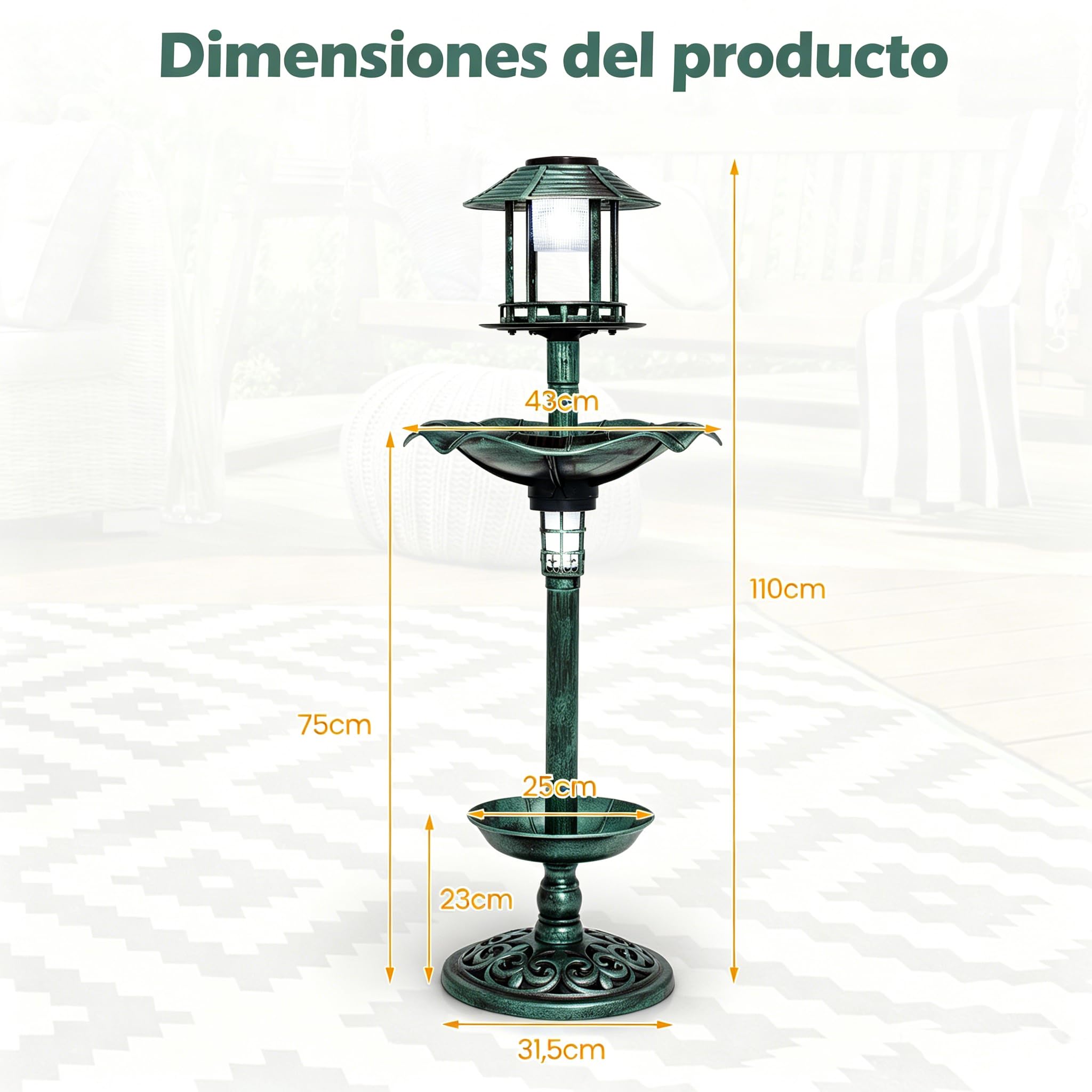 GYMAX Comedero y Baño para Pájaros Exterior, Bebedero Pajaros con 2 Lámparas Alimentadas por Energía Solar, Macetero de Flores, Soporte Rellenable, Bañeras para Decorativas de Jardín y Bosque