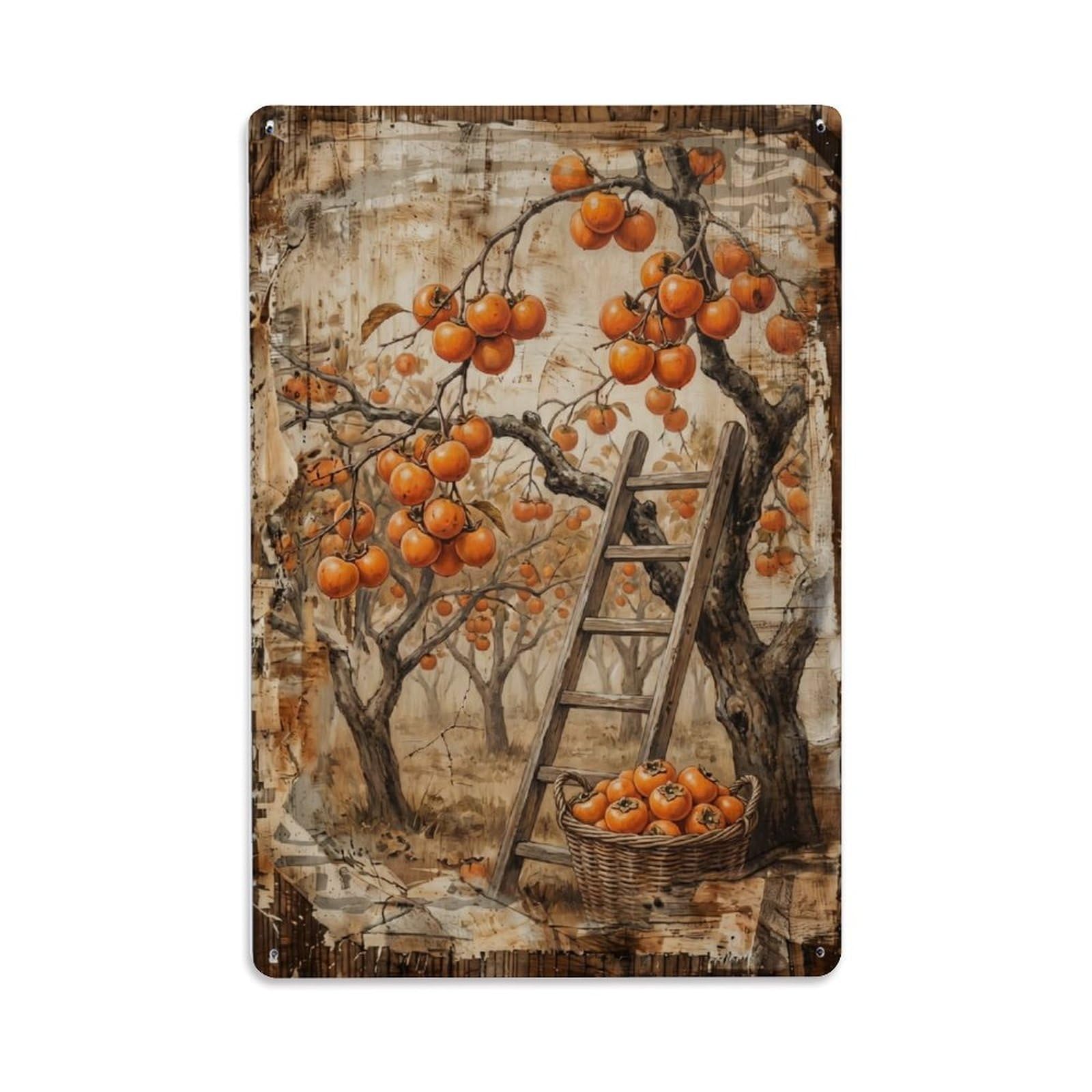 Persimmon Orchard Harvest Orange Fruit Countryside Tree Vintage Metal Tin Sign Plaque Wall Decor for Cafe, Club, Garden Metal Poster 8x12Inch