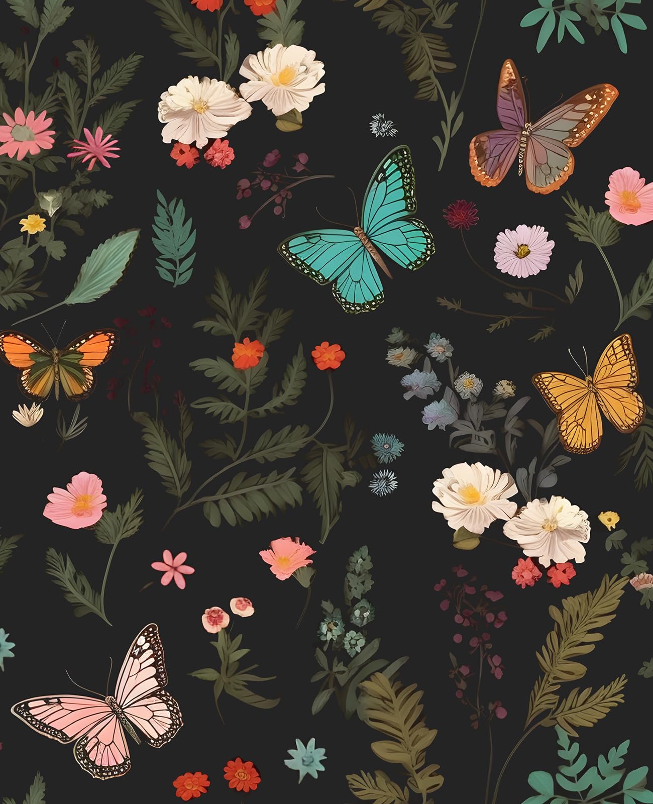 VOLEAAR Extra Long Black Butterfly Peel and Stick Wallpaper, 17.5In x 393In Boho Dark Floral Self-Adhesive Vinyl Contact Paper, Vintage Removable