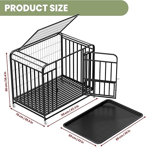 Miniatura 5 de Jaula de perro resistente de 42 pulgadas, jaula indestructible a prueba de escapes para perros grandes con puertas dobles, ruedas y bandeja