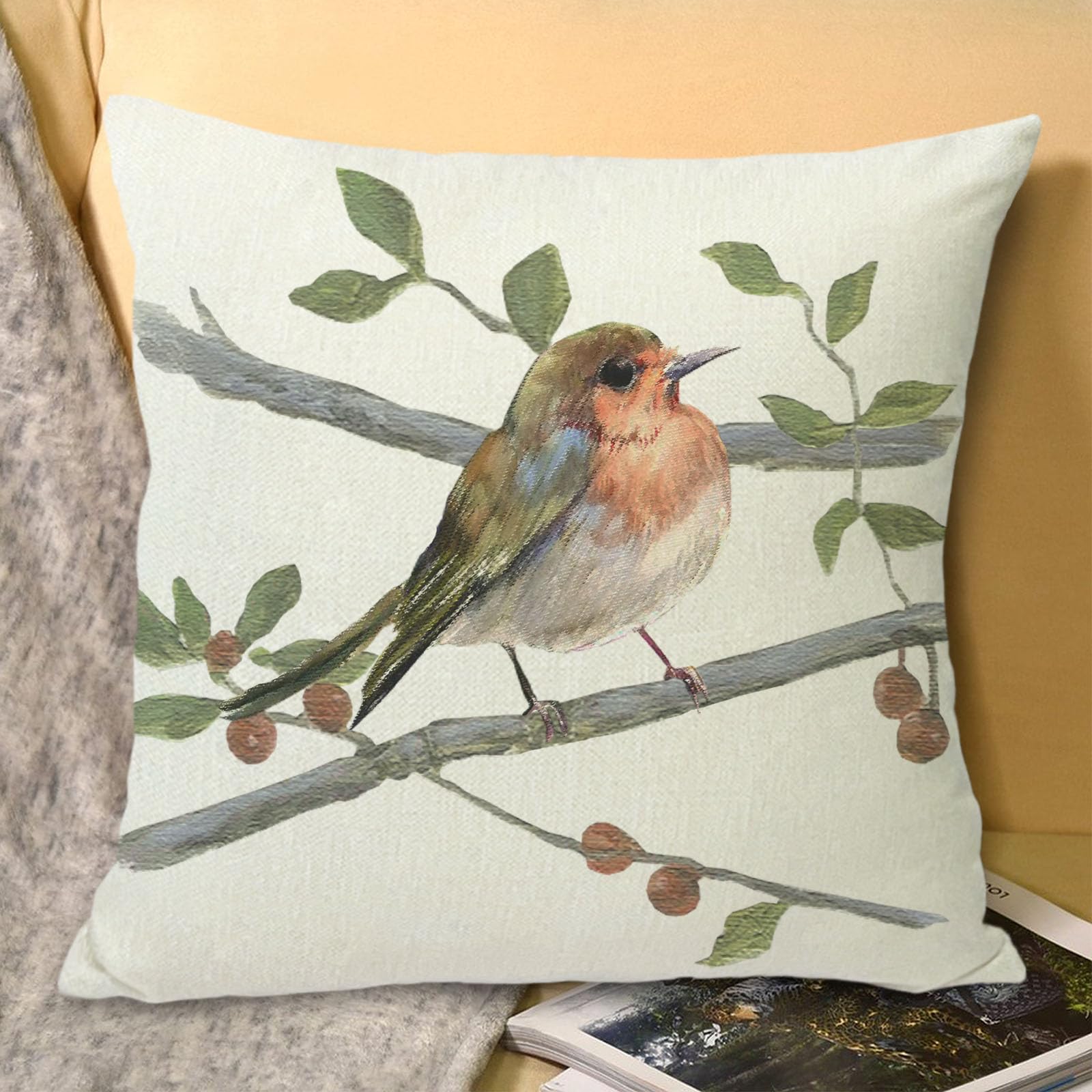 Linen Pillow Covers 18x18 Farmhouse Animal Decoration Bird Pillowcase Cushion Cover for Patio Garden Sofa Couch Bed Chair Car 2