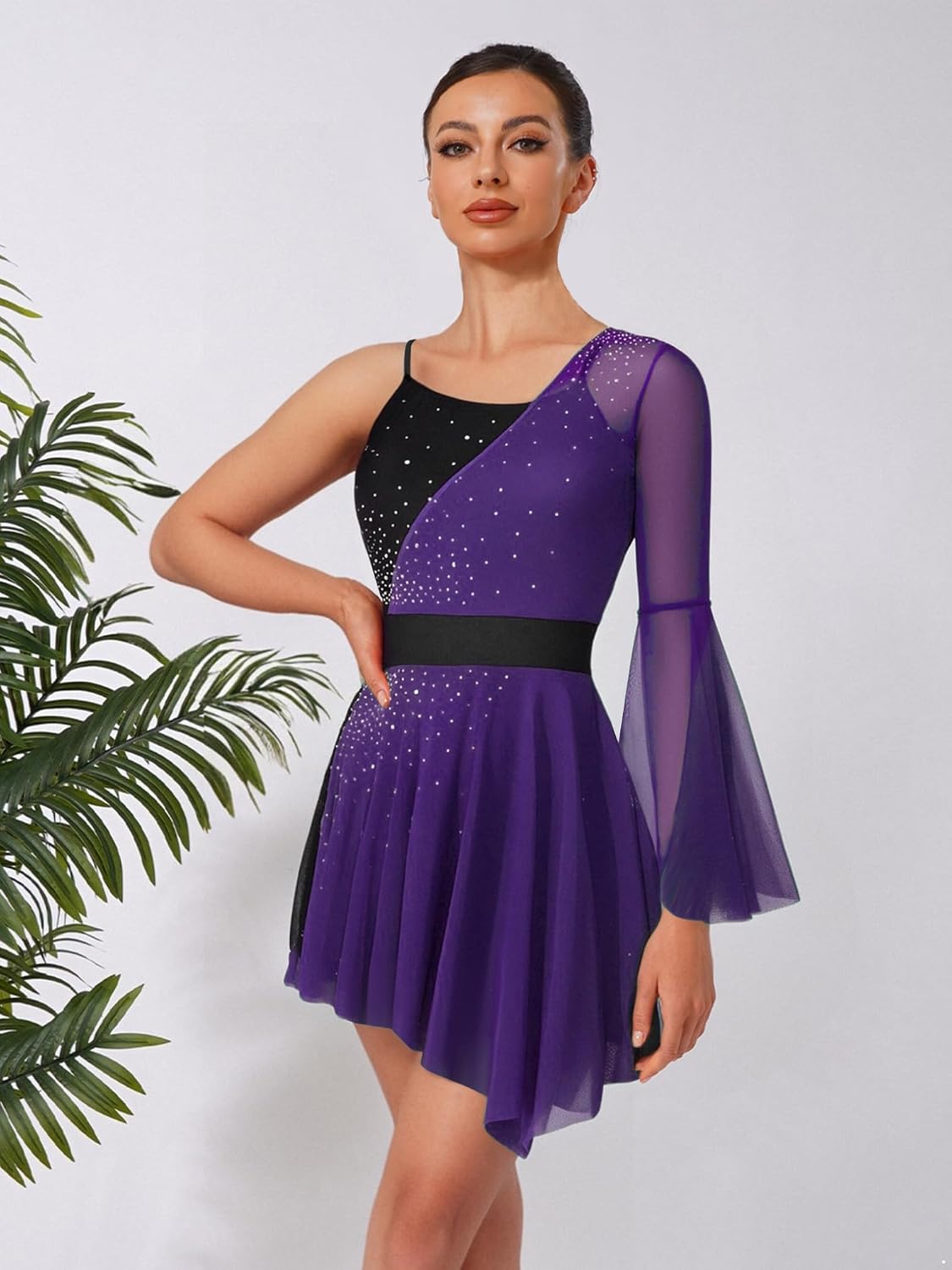 JEATHA Women's Lyrical Dress Dance Ballet Tutu Skirted Leotard Color Block Figure Skating Competition Costume