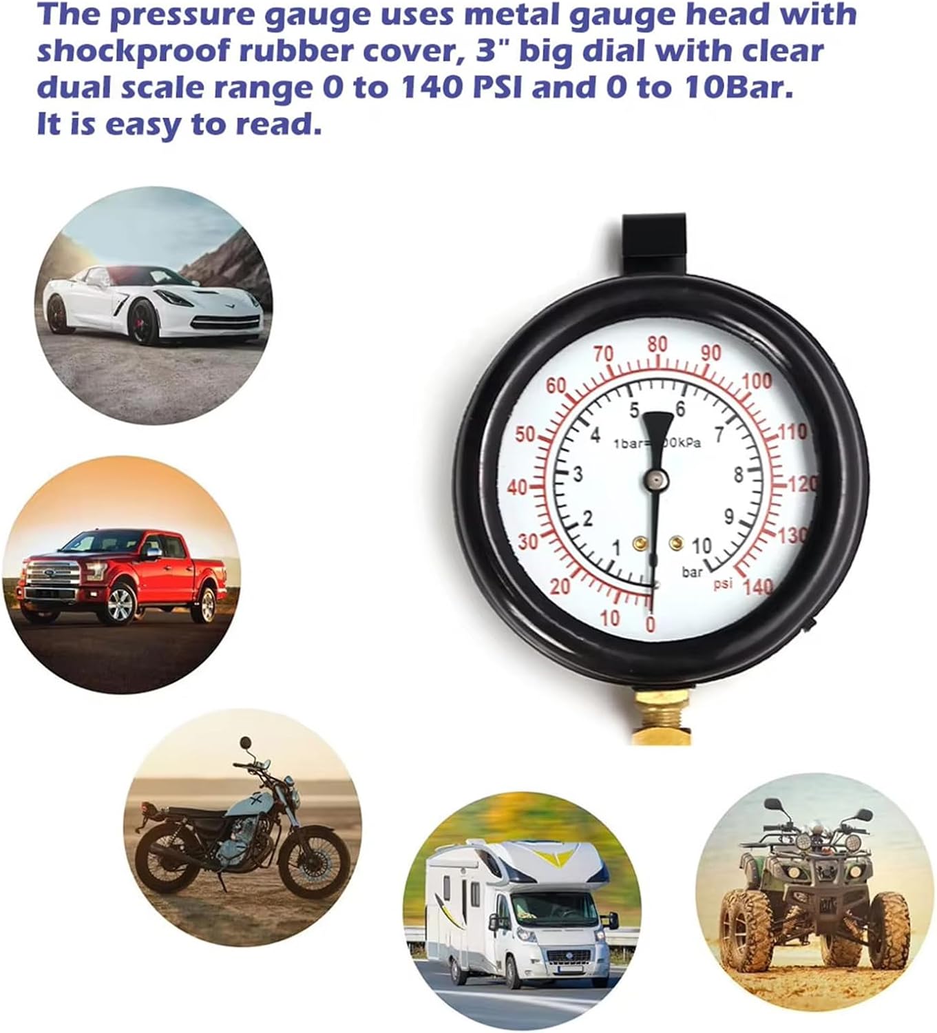 Fuels Injecting Pressure Tester Set 0 to 140 with 3 Adapters Fuels Pressure Gauge Upgrades for Car & Truck Diagnostics