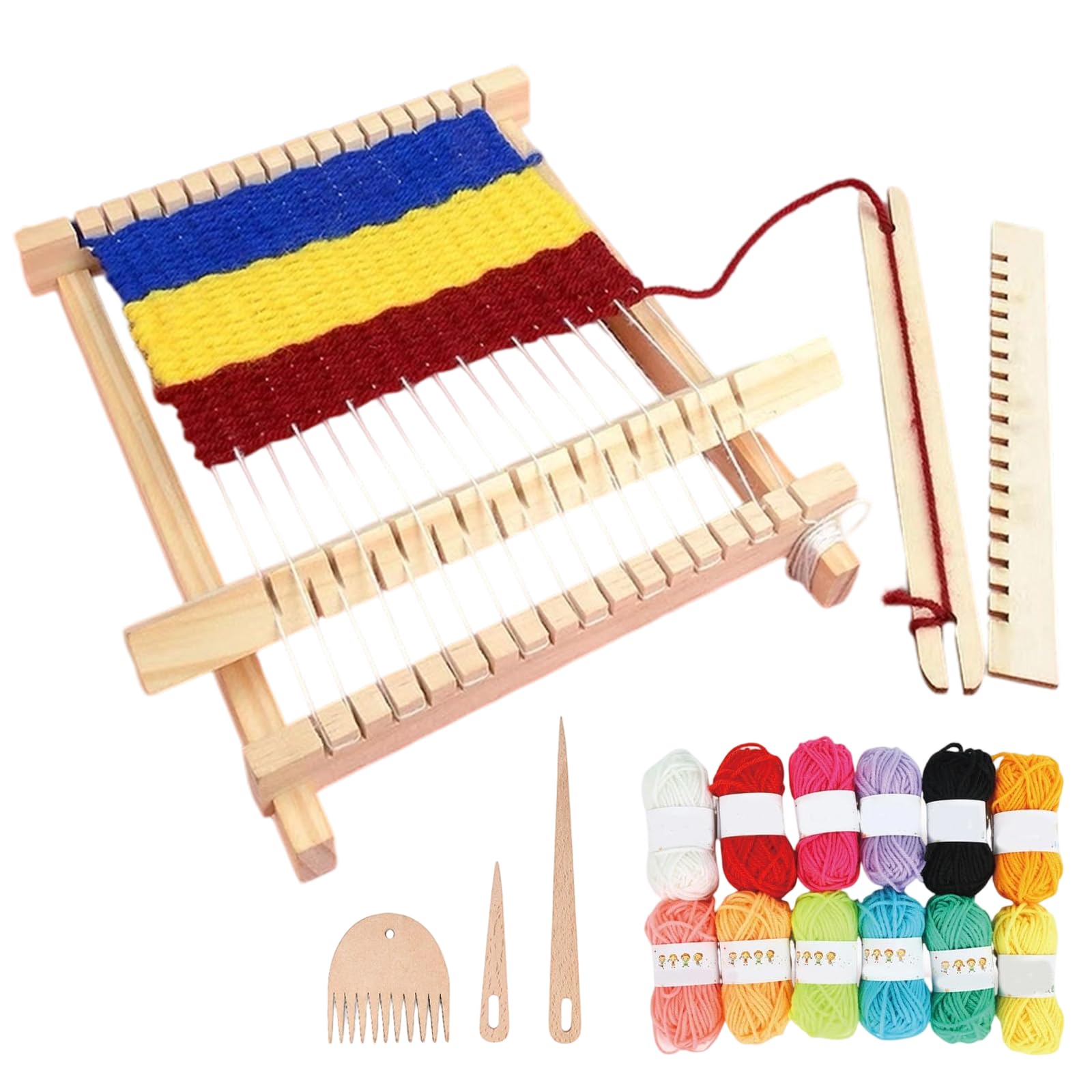 ZSRVAJ Weaving Loom, Weaving Kit, 21x16cm Adjustable Hand-Knit Machineweaving Loom for Adults with 12 Coloured Yarns, Rods,Combs and Shuttles, Knitting Kit Suitable for Beginner & Kids