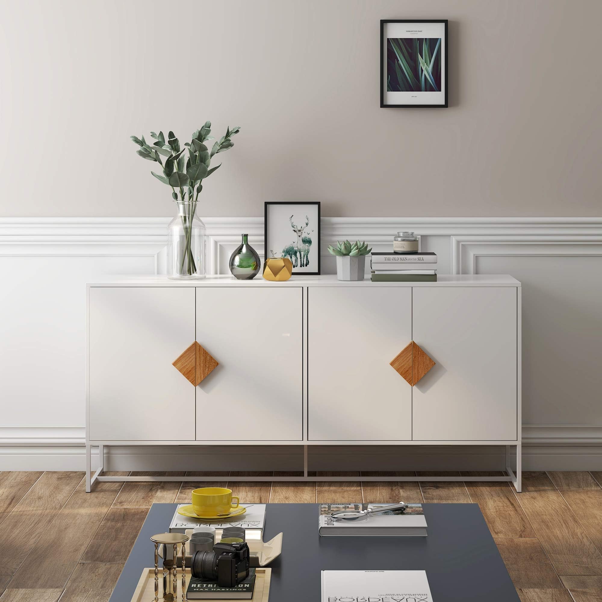 Solid Wood Special Shape Square Handle Design with 4 Doors and Double Storage Sideboard