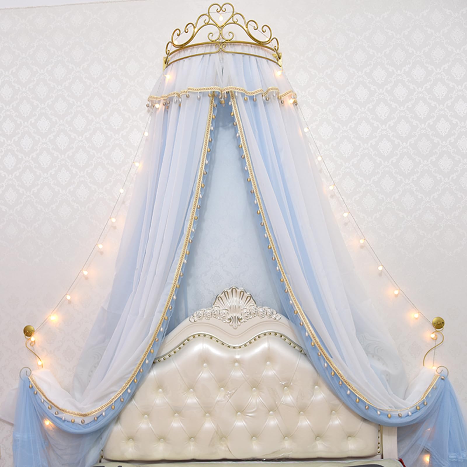 ZFPKXHVMG 4 Opening Mosquito Net, Princess Lace Metal Crown Bed Canopy Mosquito Net Multicolor Multiple Sizes(Blue,1.2m Bed)