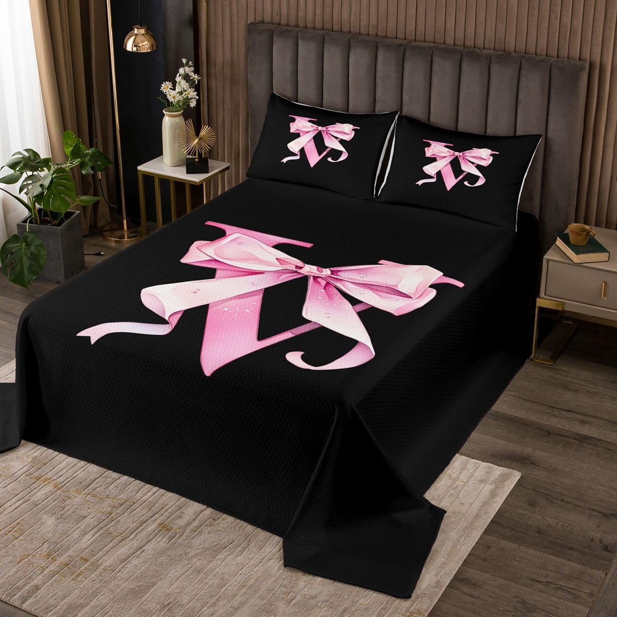 jejeloiu Princess Style Bowknot Bedspread King Size Personalized Initial V Coverlet Set Pink Black Glitter Bow Quilted Coverlet for All Season with 2 Pillowcases Lightweight