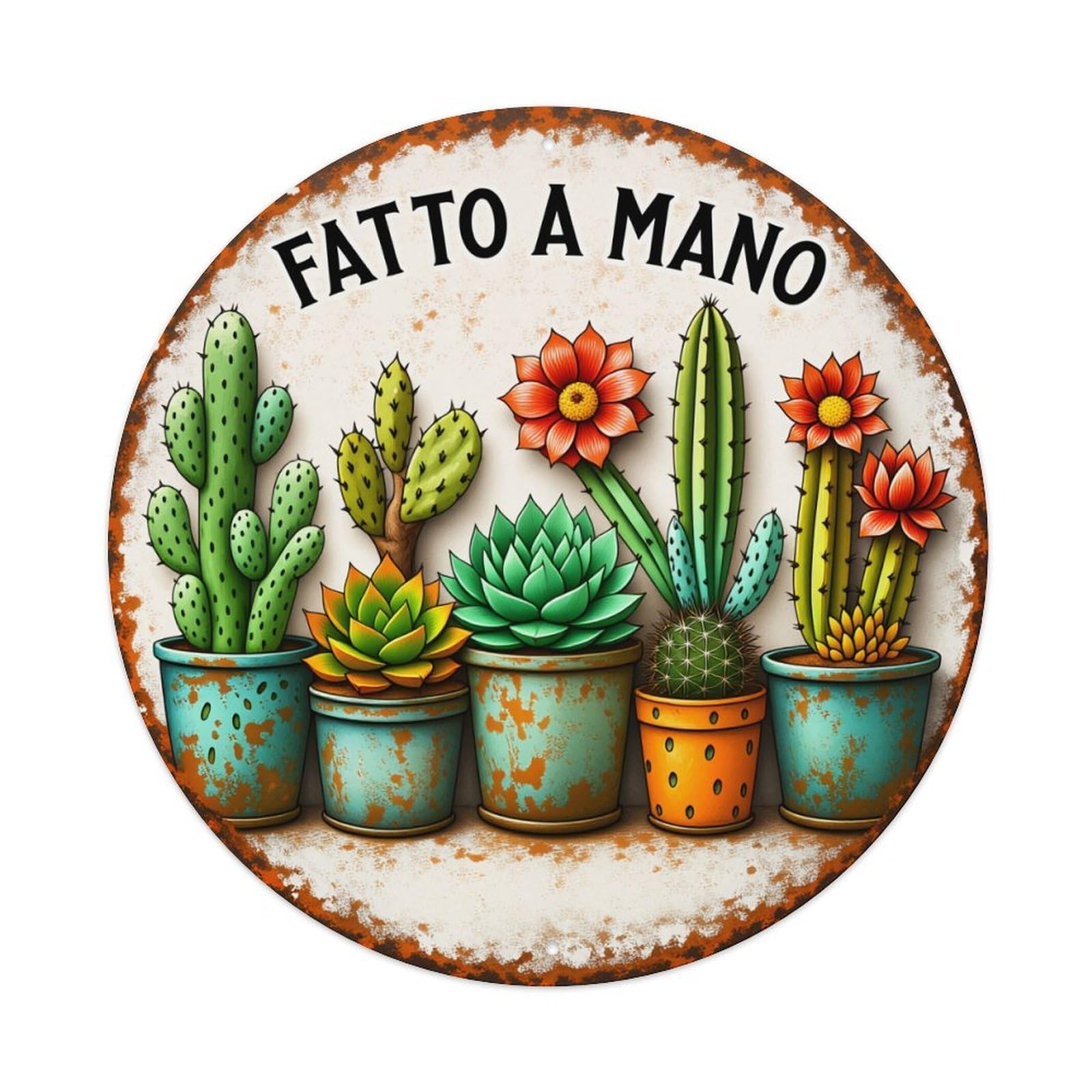 Cactus Flower Pot Plant Art Vintage Metal Tin Sign Retro Wall Decor for Home Bar Garage Cafe, Indoor & Outdoor Decorative，circle Metal Poster, 8x8 Inch