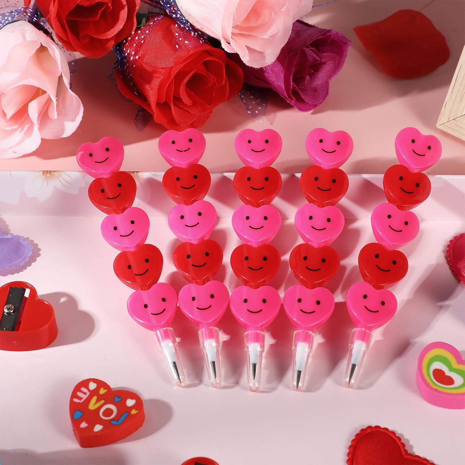 Zonon 72 Pcs Valentine's Day Pencils Bulk Plastic Stacking Heart Pencils Cute Smile Face Pens for Valentine's Day Gifts Rewards Goodie Bag Stuffers Party Favors (Red and Pink)