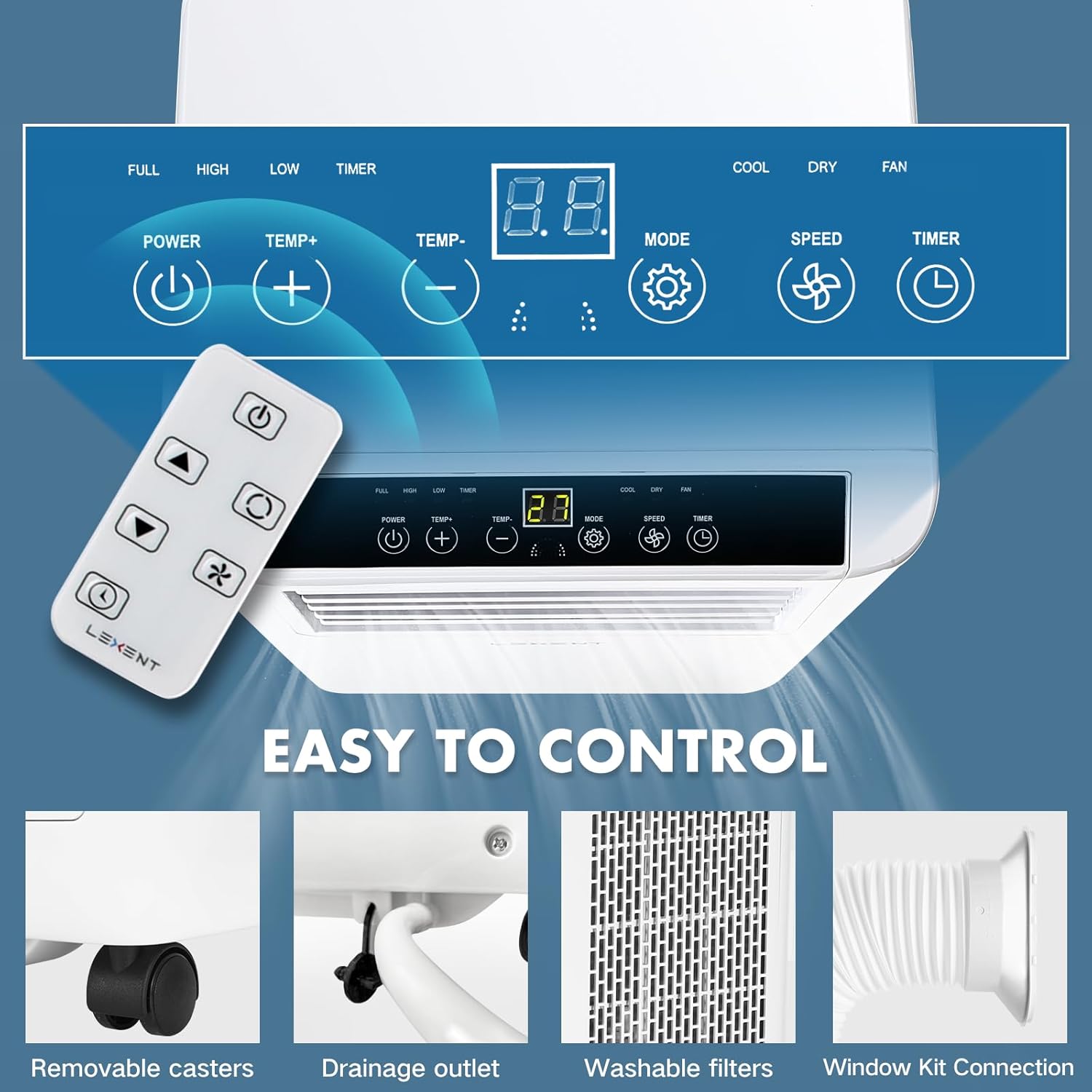 Ойролцоогоор view of the LEXENT portable air conditioner's LED control panel and the remote control, showing various buttons for power, temperature, mode, speed, and timer.