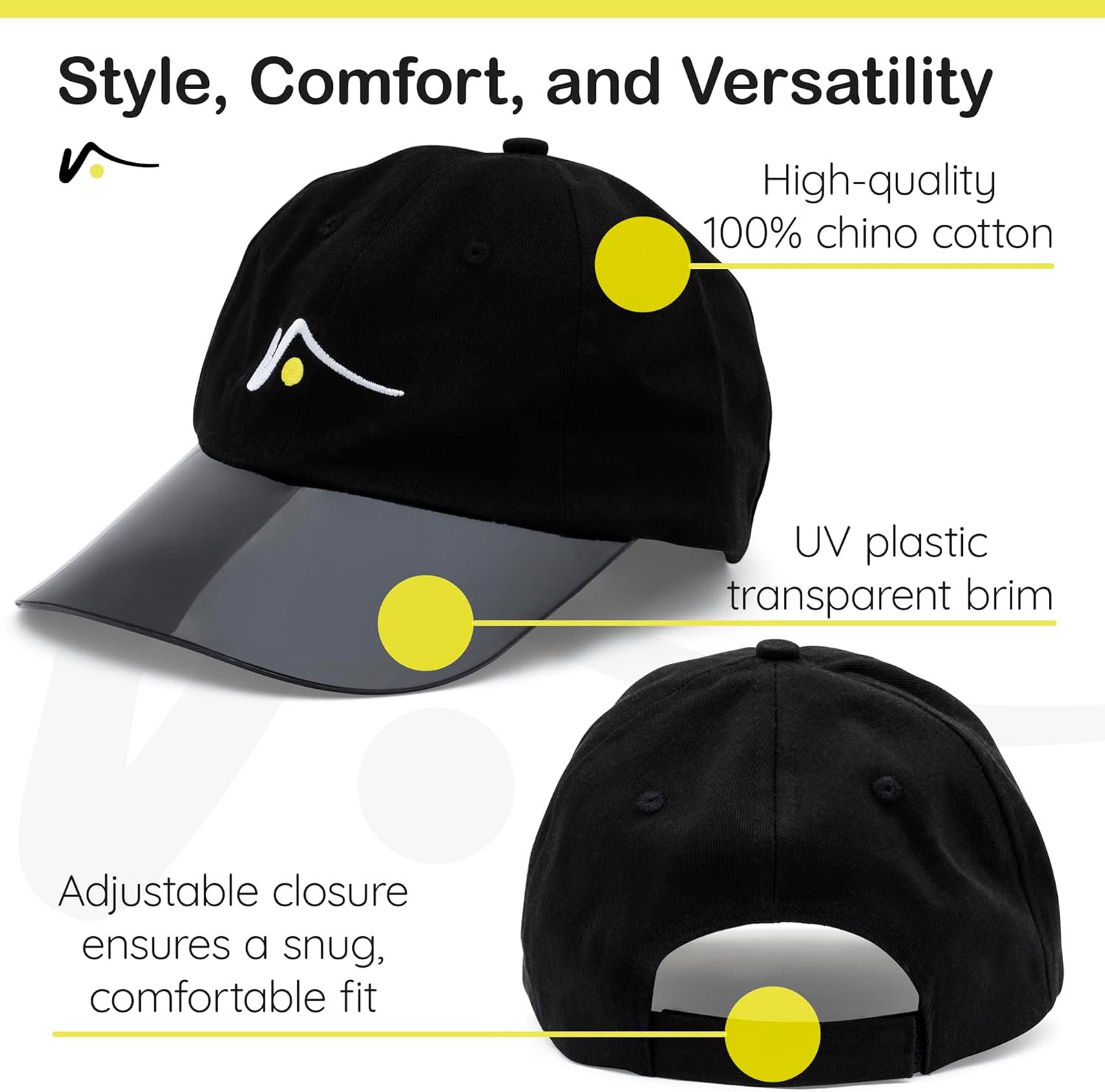 VISTO Unstructured Sports Hat with See-Through Brim – No-Glare UV Protection – 100% Chino Cotton – Adjustable Velcro Strap