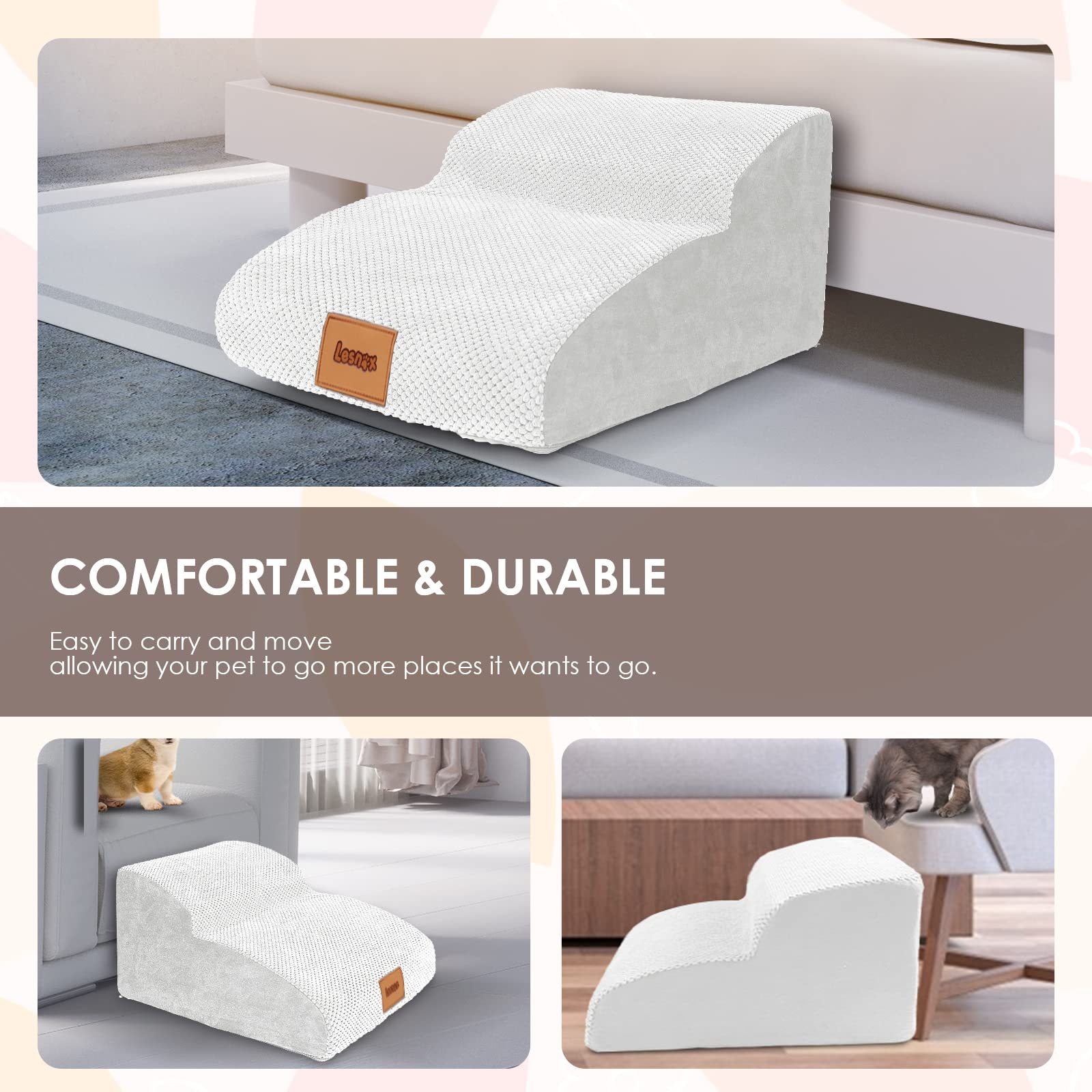 Lesnox Extended Dog Stairs/Steps, 2-Step, 30D Foam Pet Stairs/Steps, Non-Slip, Dog Ramp/Ladder for Couch Sofa, for Small Dogs Cats with Old/Injured/Short-Legged, 11.8" H,Wider Step, White